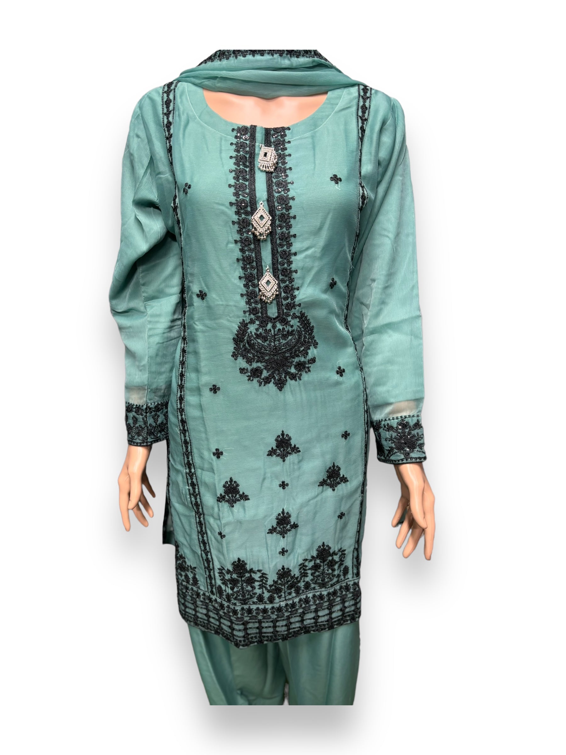 Elegant designer party wear Salwar Kameez set by Saree Ghor Charlotte, featuring vibrant ethnic embroidery and traditional style.