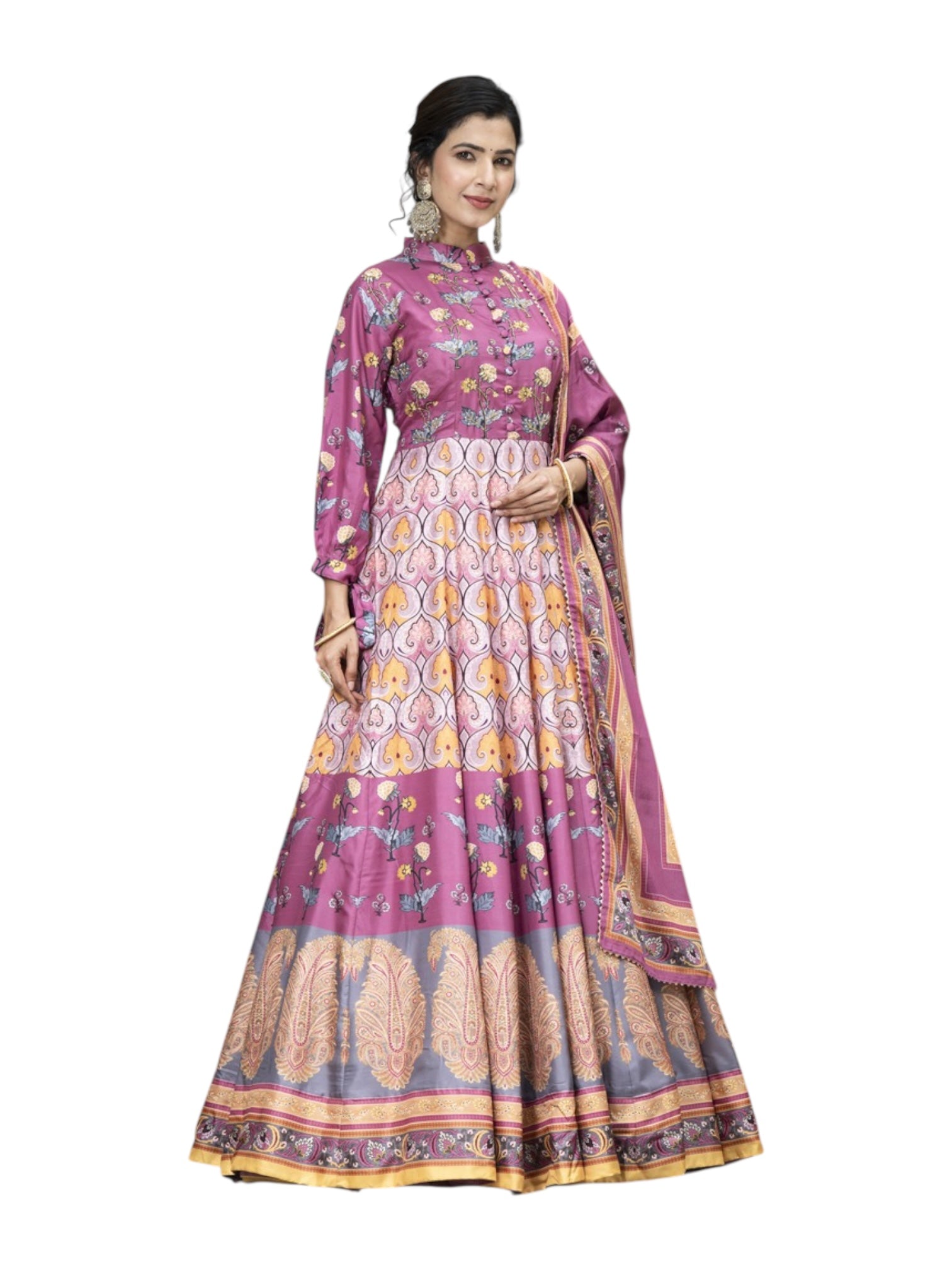 Dola Silk printed traditional designer salwar kameez by Saree Ghor Charlotte, showcasing intricate patterns and vibrant ethnic wear for women.
