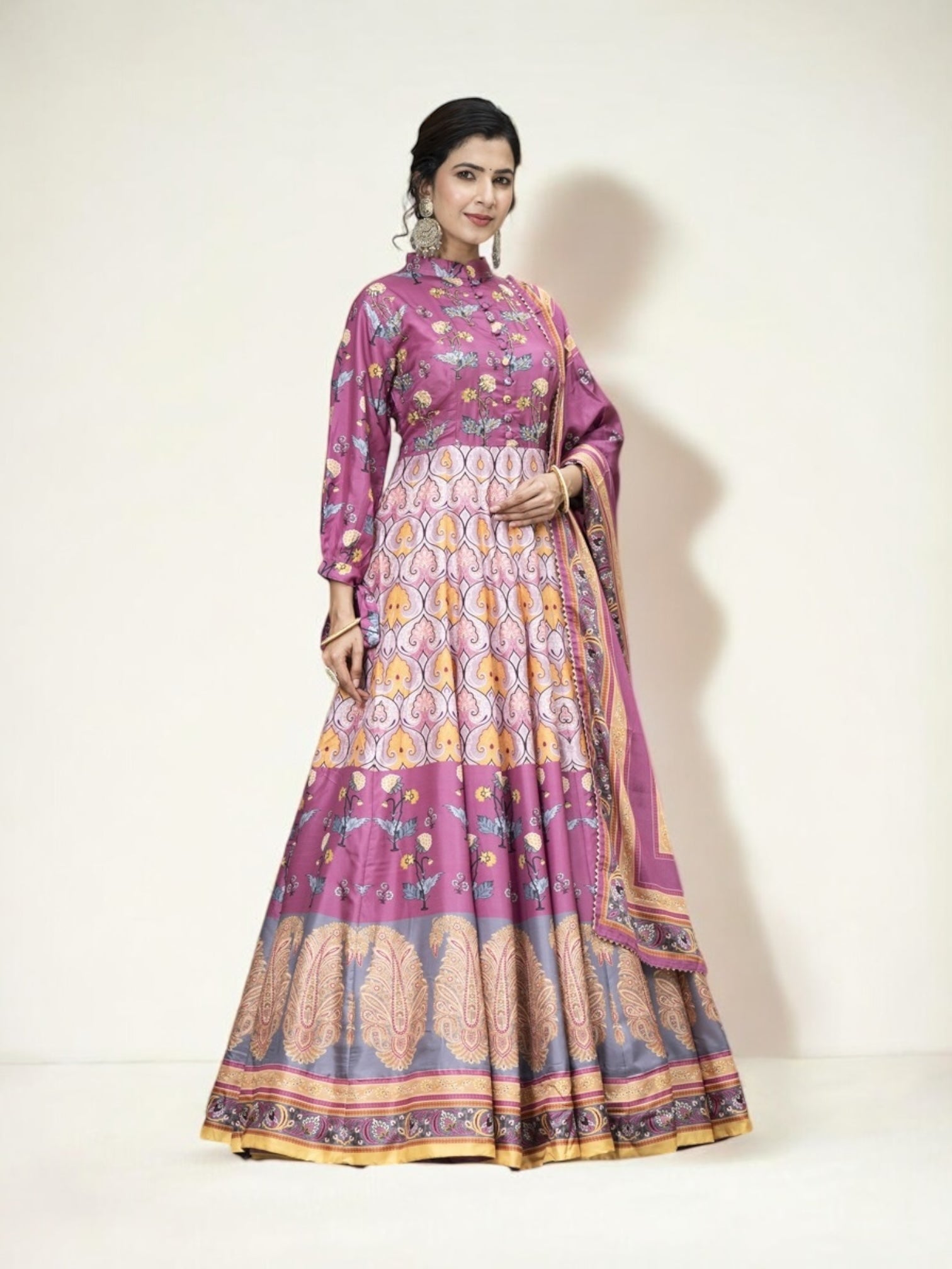 Dola Silk printed traditional designer gown for women, Saree Ghor Charlotte Salwar Kameez with ethnic floral print and elegant design.