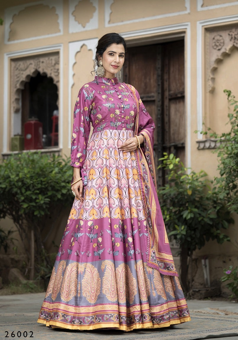 Dola Silk printed traditional designer salwar kameez gown for women, showcasing intricate ethnic print and elegant cultural wear.