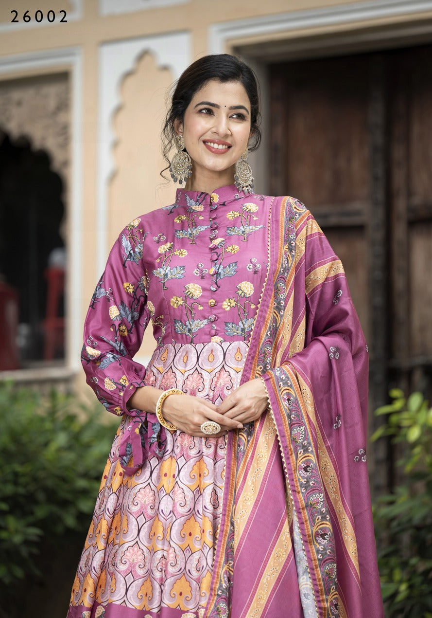 Dola Silk printed traditional designer Salwar Kameez for women by Saree Ghor Charlotte, featuring vibrant ethnic print and elegant style.