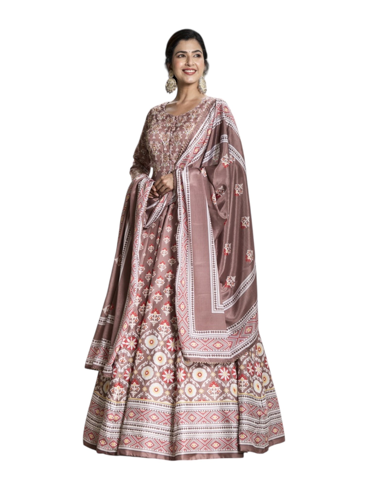 Dola Silk printed traditional designer gown by Saree Ghor Charlotte, showcasing vibrant ethnic print and elegant cultural style.