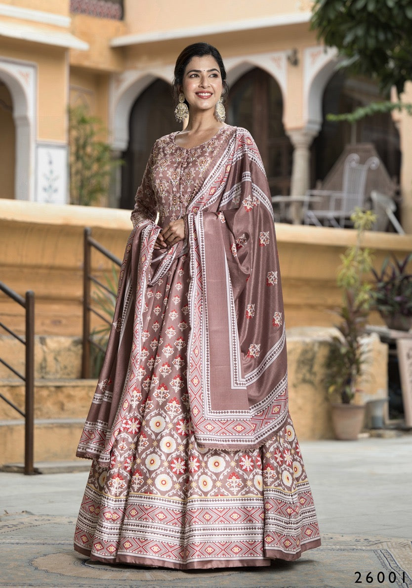 Dola Silk printed traditional designer gown for women, Saree Ghor Charlotte, featuring intricate ethnic print and elegant salwar kameez style.