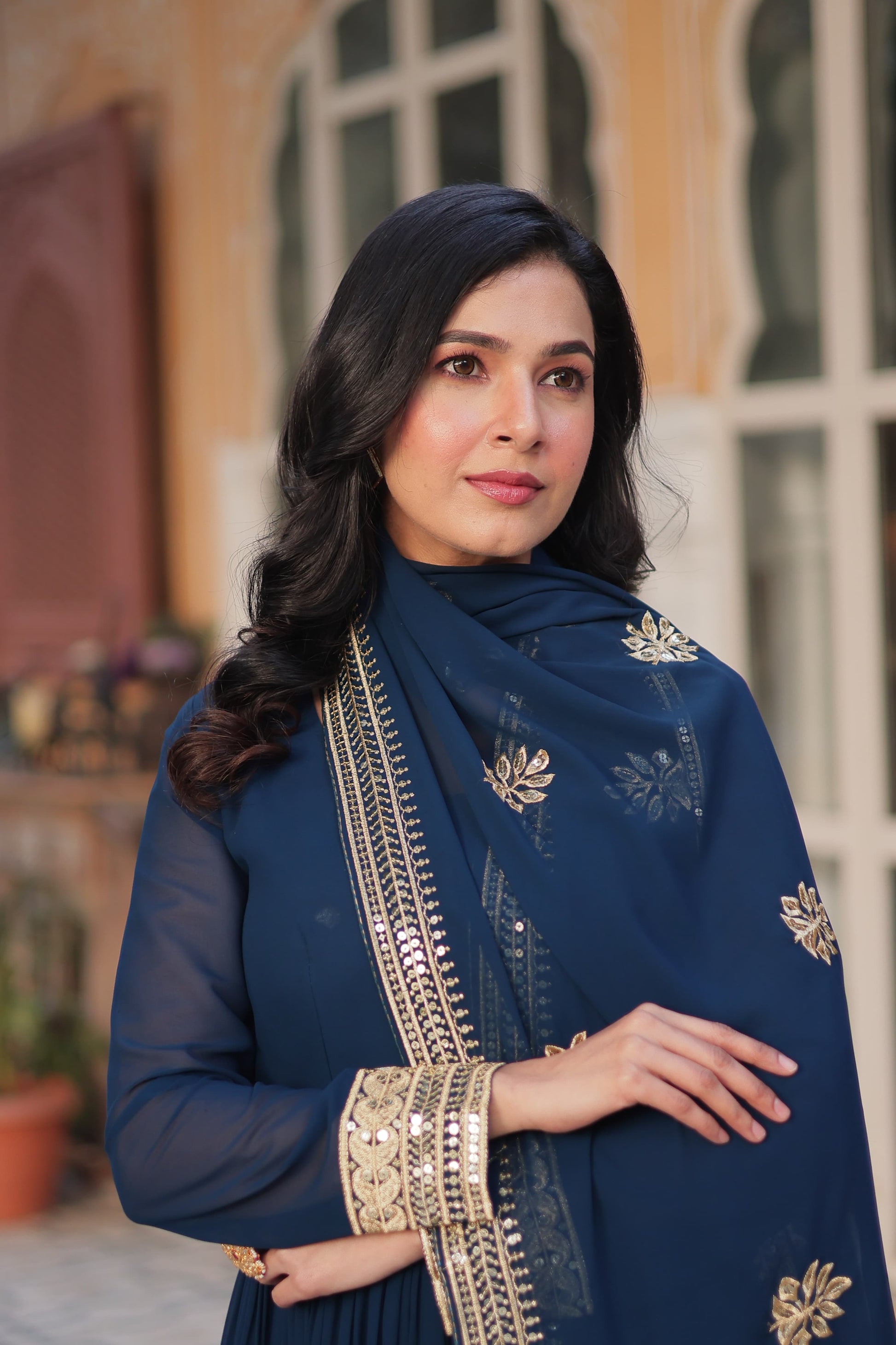 Faux blooming traditional designer gown by Saree Ghor Charlotte, elegant ethnic salwar kameez for women, vibrant cultural wear.