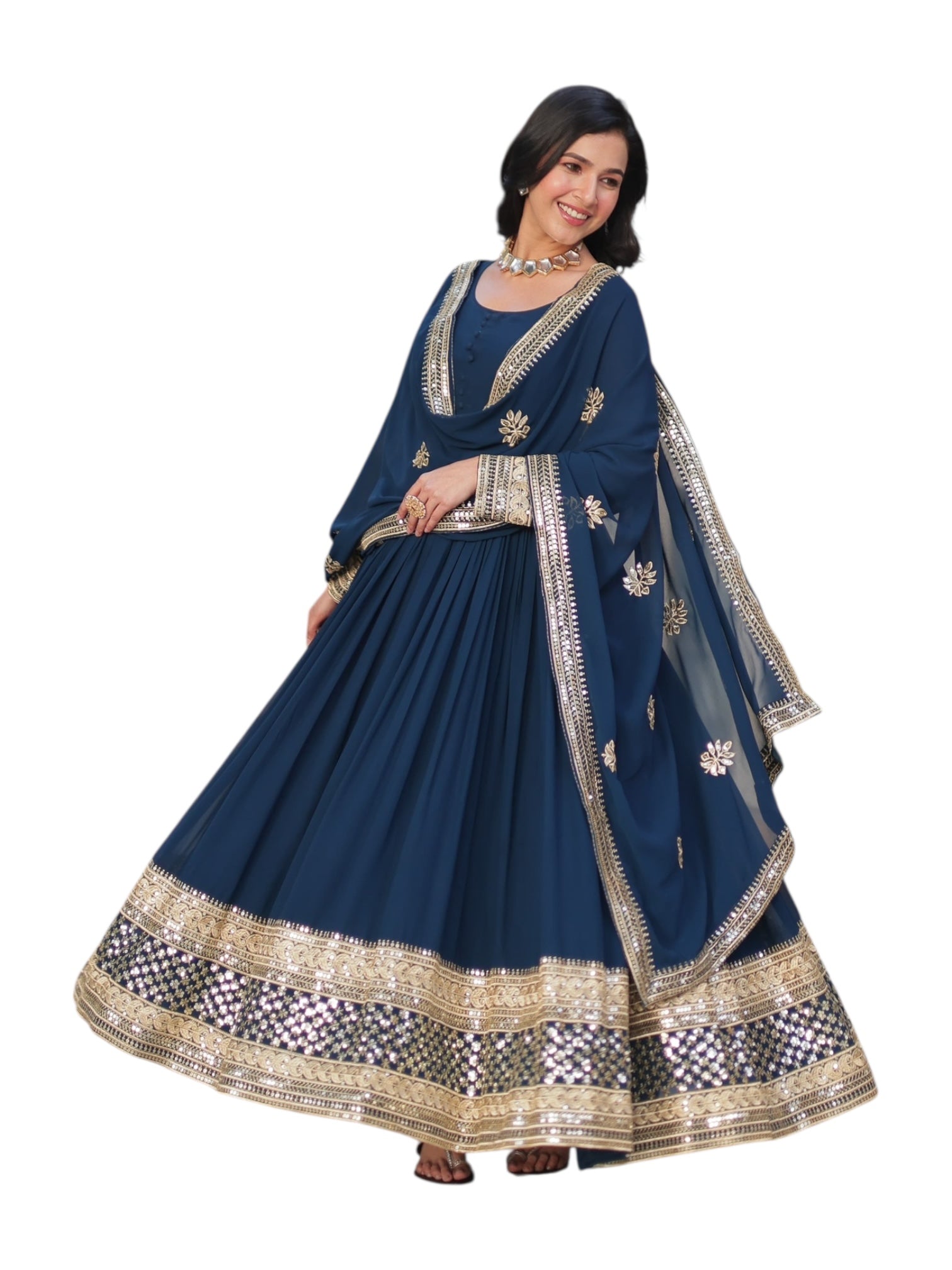 Faux blooming traditional designer salwar kameez gown by Saree Ghor Charlotte, ethnic wear for women with intricate floral details.