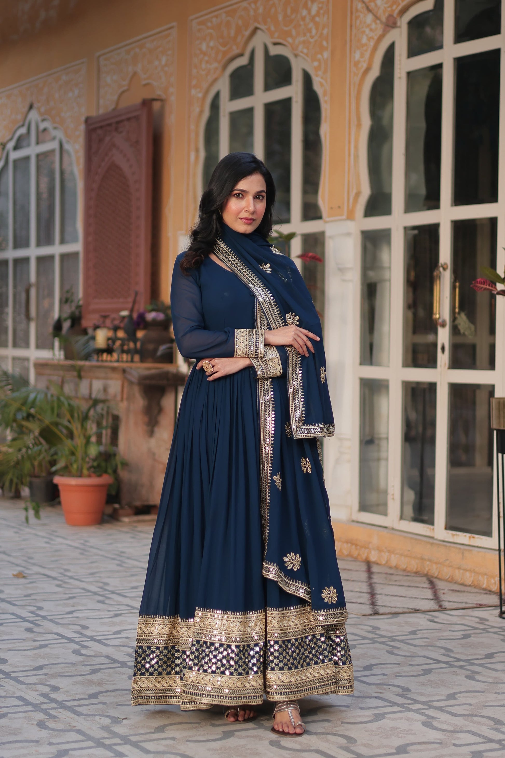 Faux blooming traditional designer salwar kameez gown by Saree Ghor Charlotte, ethnic wear for women with intricate floral details.