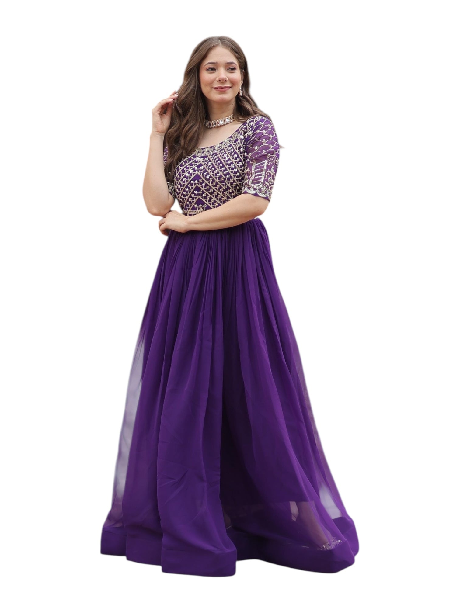 Georgette traditional designer gown by Saree Ghor Charlotte, women’s ethnic salwar kameez with intricate embroidery and elegant style.