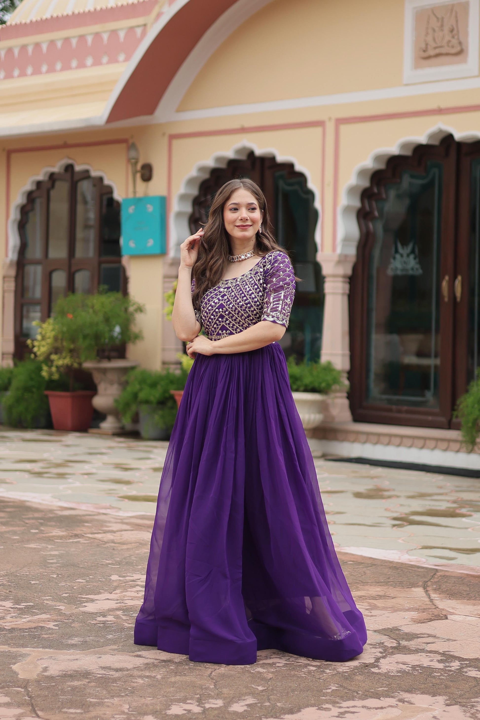 Georgette traditional designer salwar kameez by Saree Ghor Charlotte, ethnic wear gown with intricate detailing for women.
