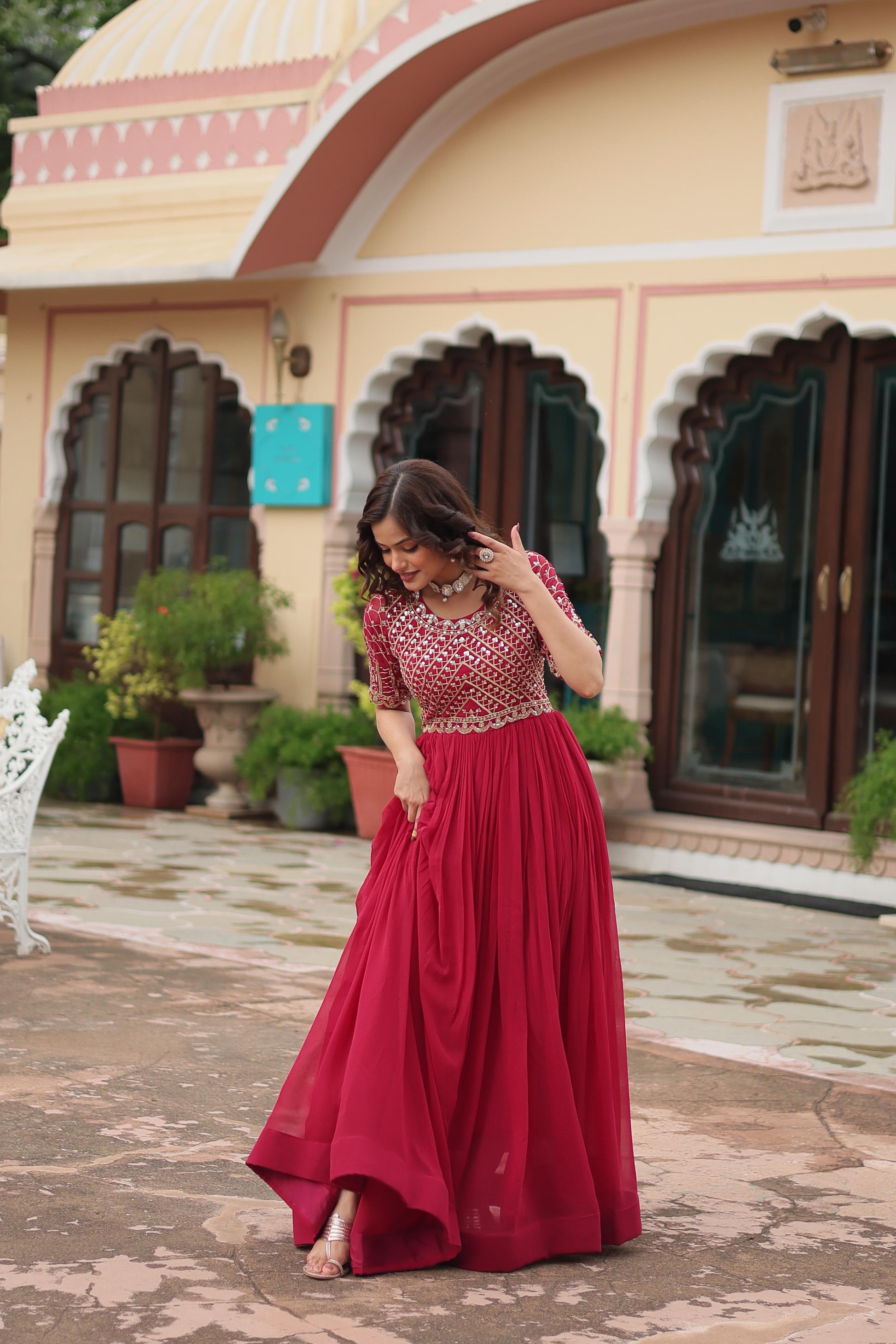 Georgette traditional designer gown by Saree Ghor Charlotte, ethnic women's salwar kameez with intricate design and vibrant colors.