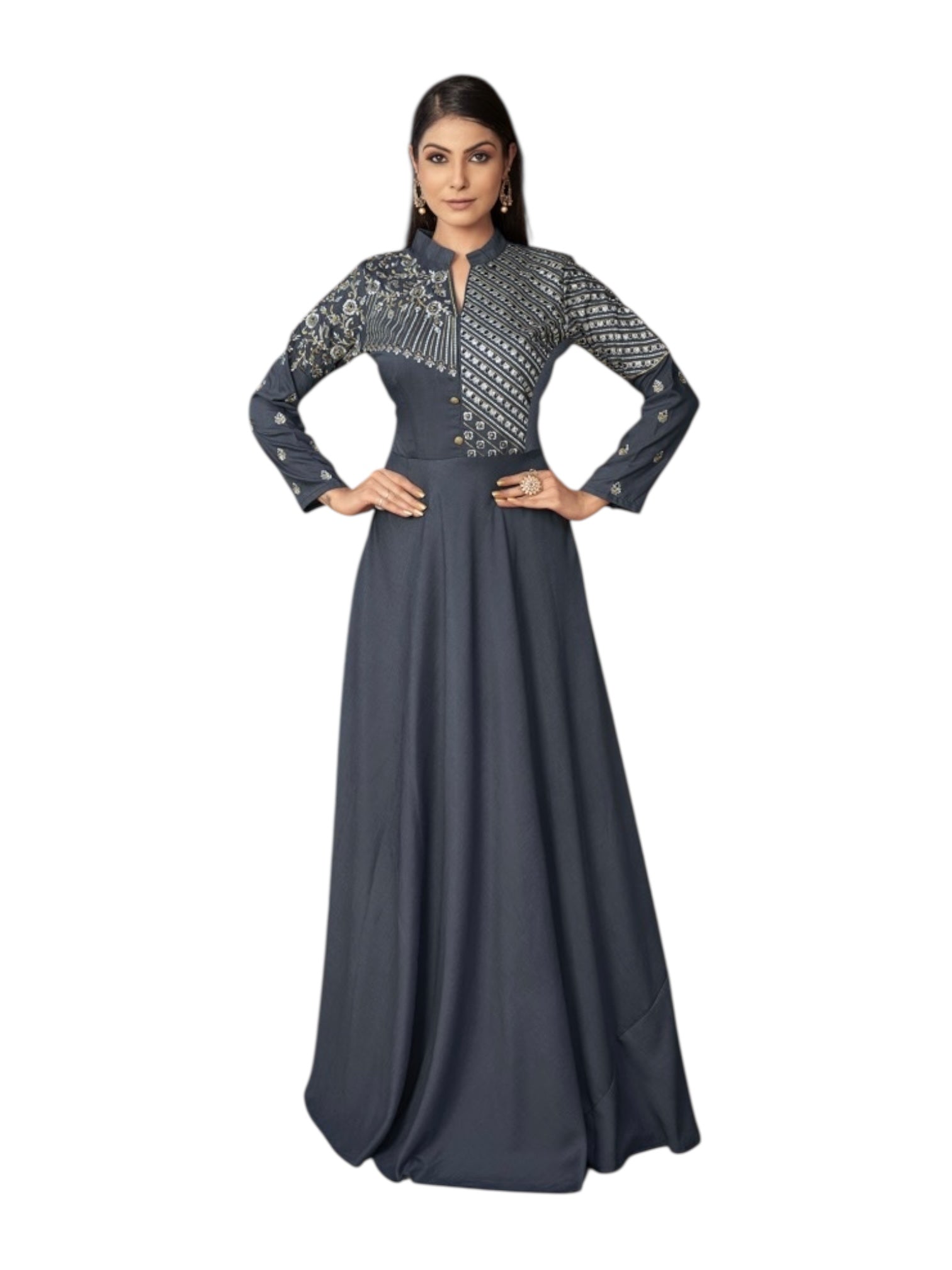 Gray Maslin embroidery traditional designer salwar kameez gown for women, cultural ethnic wear by Saree Ghor Charlotte.