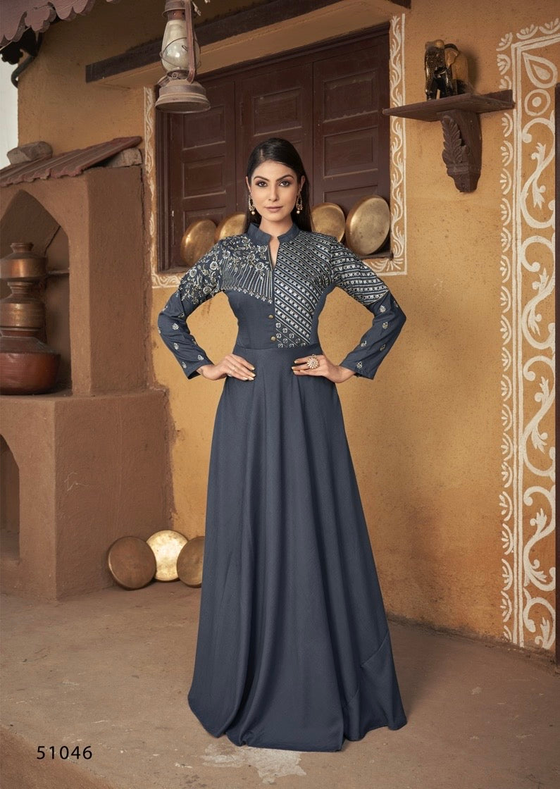 Gray Maslin embroidery traditional designer salwar kameez for women by Saree Ghor Charlotte, showcasing intricate ethnic embroidery.