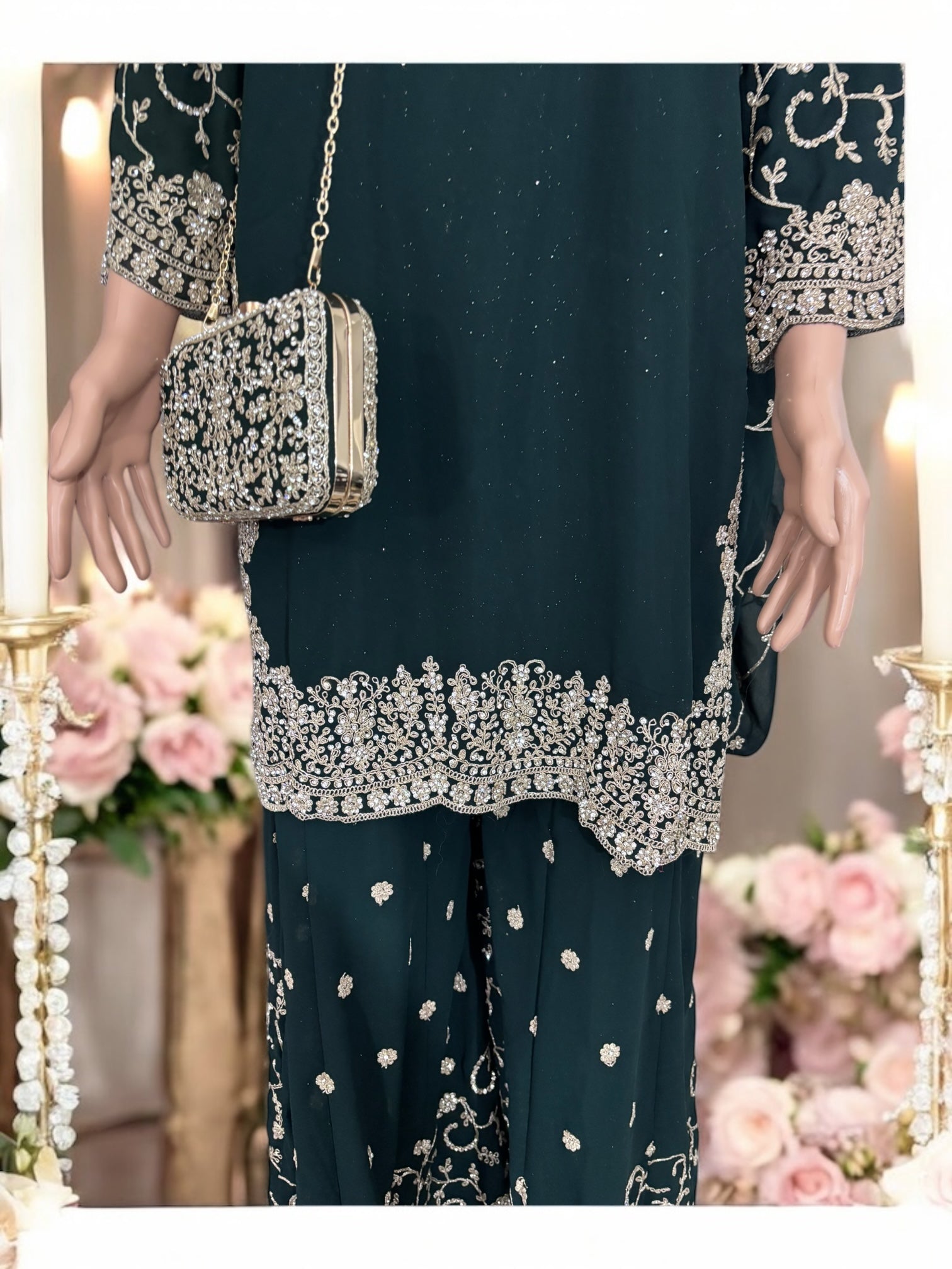 Green traditional Salwar Kameez suit with matching handbag by Saree Ghor Charlotte, ethnic wear for women, detailed embroidery.