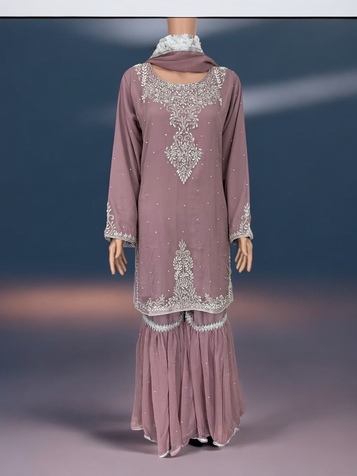 Lavender traditional Garara Salwar Kameez suit by Saree Ghor Charlotte, ethnic wear for women with intricate design details.
