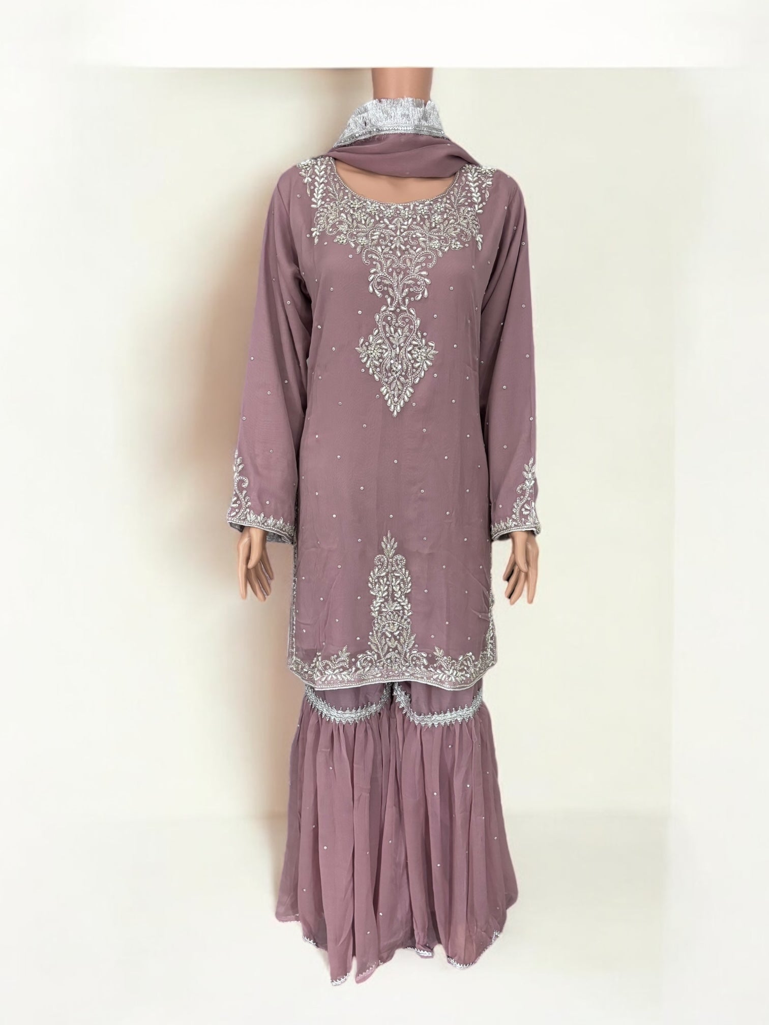 Lavender traditional designer Garara Salwar Kameez suit for women by Saree Ghor Charlotte, featuring ethnic wear with intricate details.