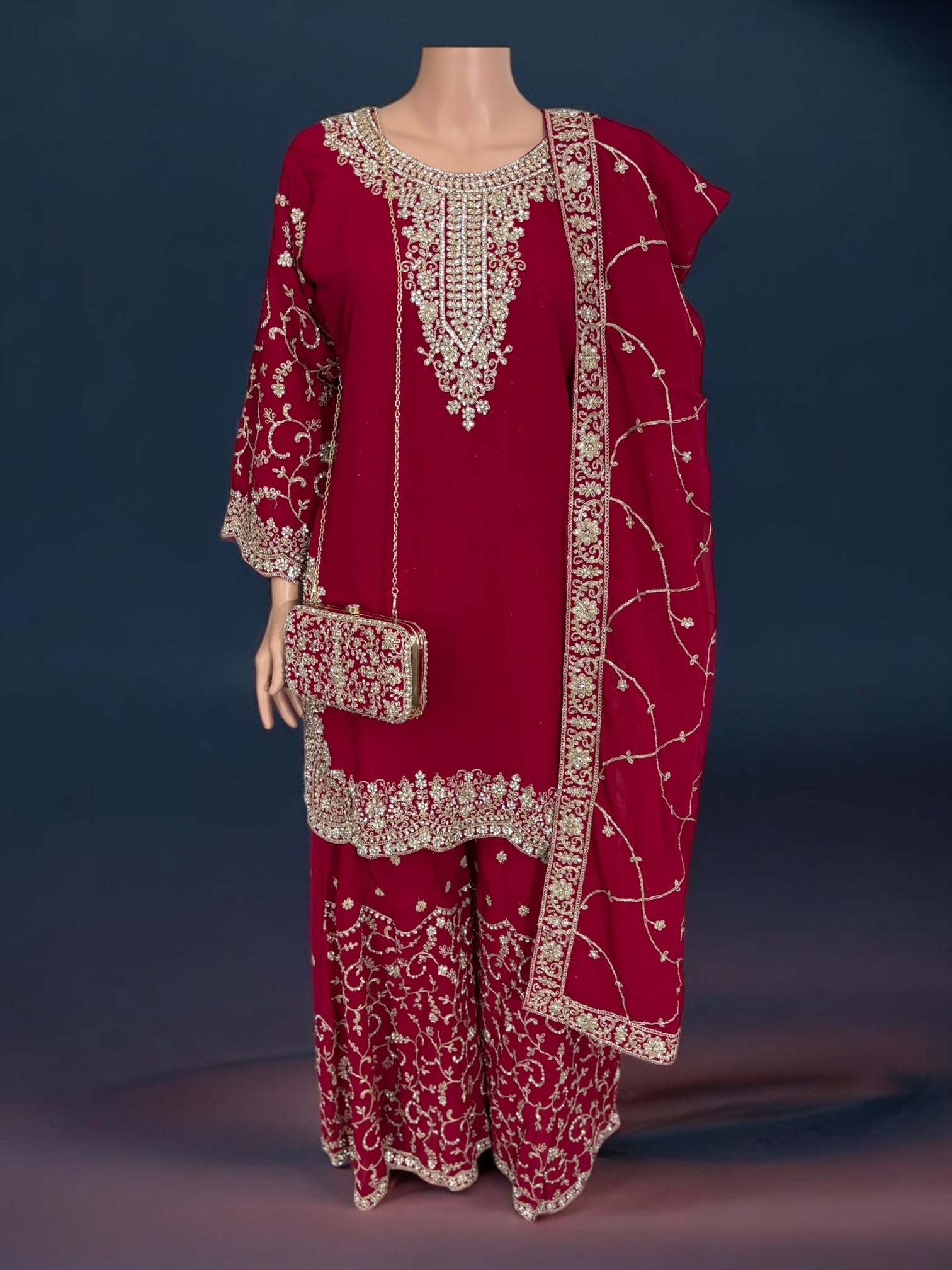 Magenta traditional designer Salwar Kameez suit with matching handbag, ethnic wear for women by Saree Ghor Charlotte.