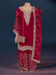 Magenta traditional designer Salwar Kameez suit with matching handbag, ethnic wear for women by Saree Ghor Charlotte.