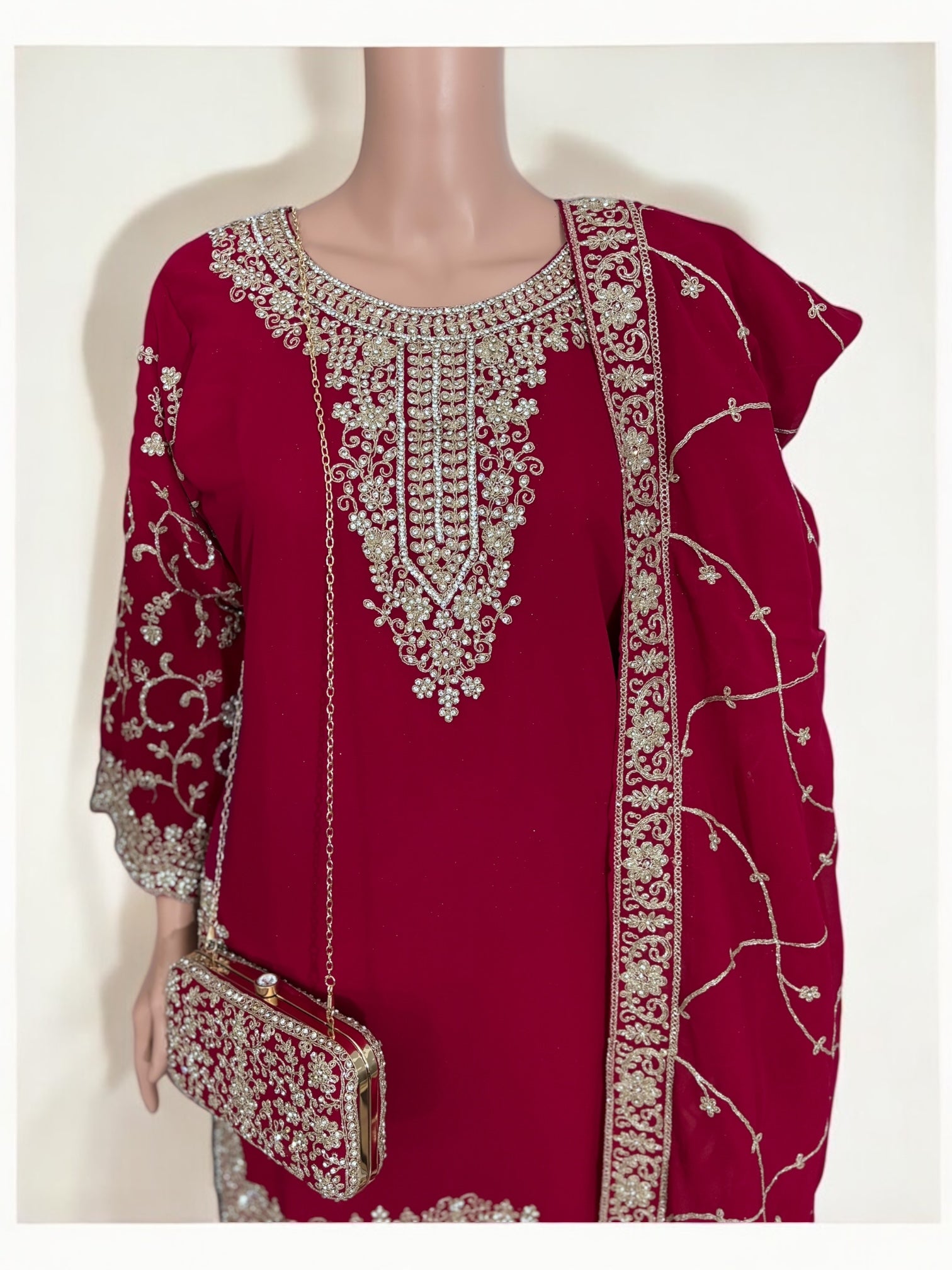 Magenta traditional designer Salwar Kameez suit with matching handbag, ethnic wear for women by Saree Ghor Charlotte.