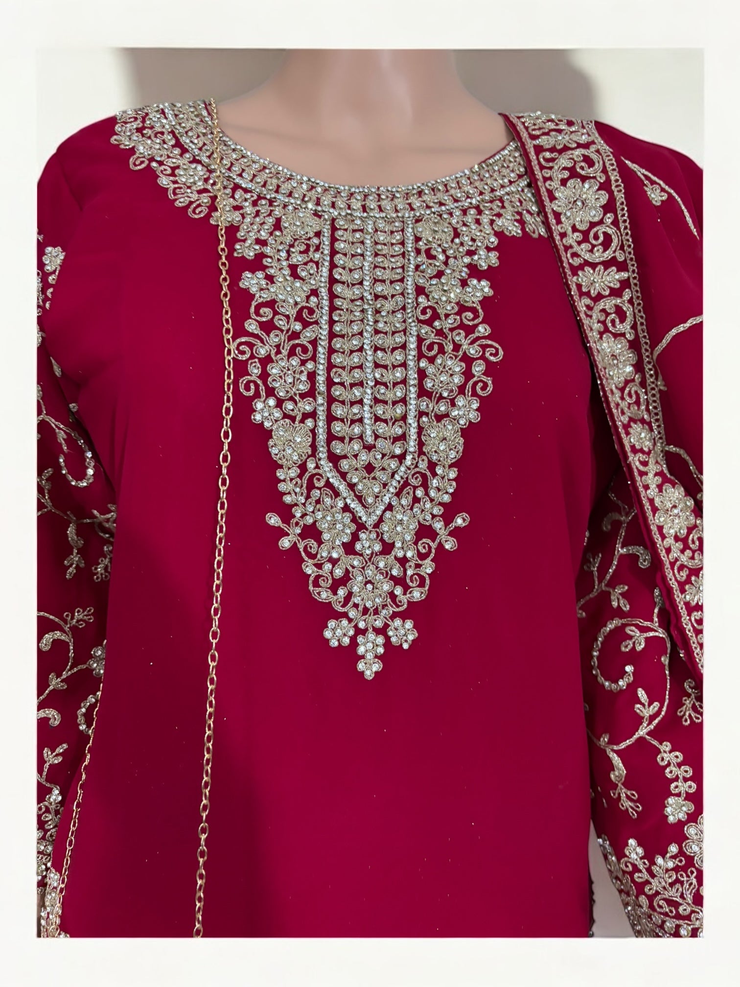 Magenta traditional designer Salwar Kameez suit with matching handbag, ethnic wear for women by Saree Ghor Charlotte.