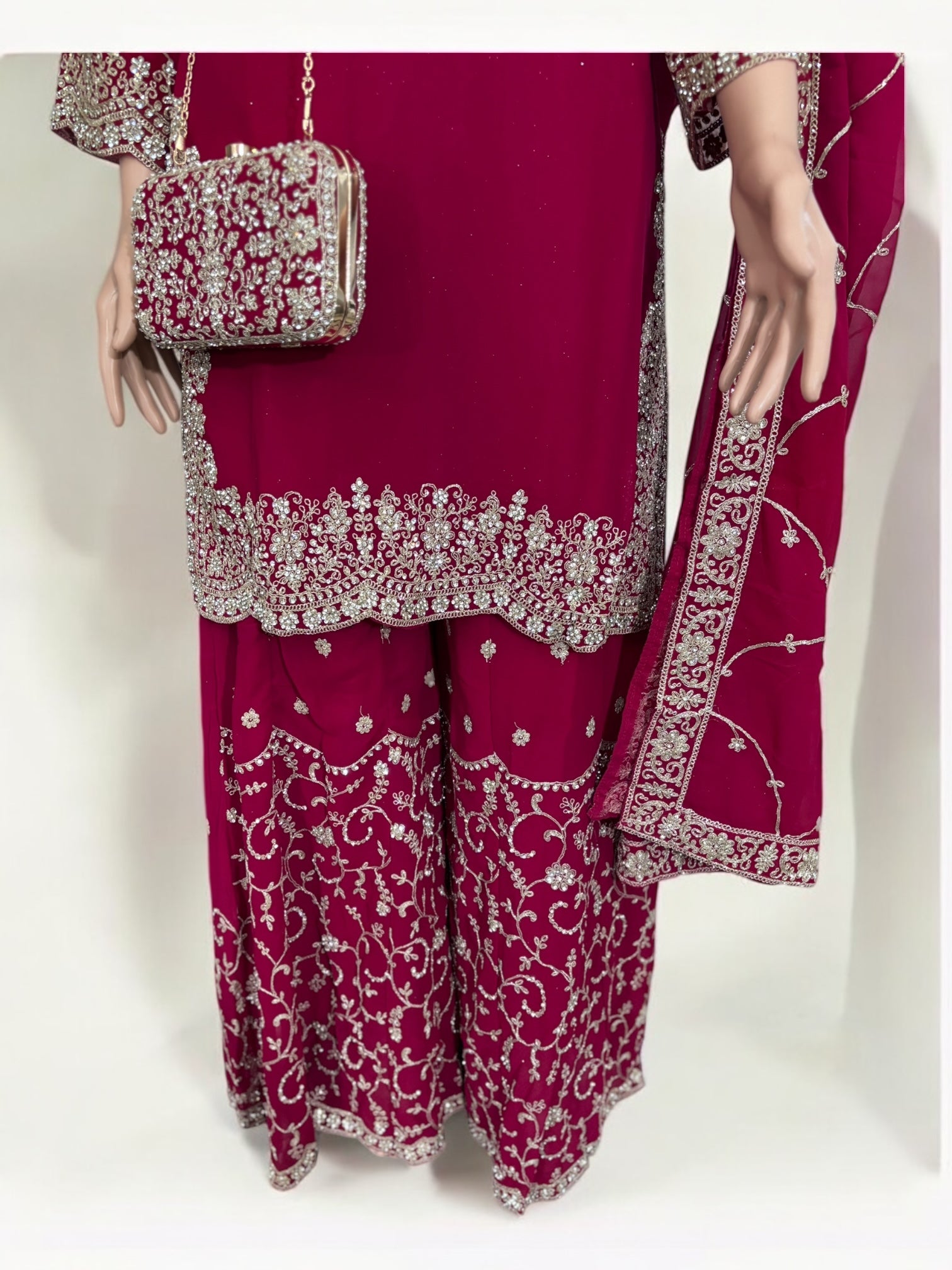 Magenta traditional designer Salwar Kameez suit with matching handbag, ethnic wear for women by Saree Ghor Charlotte.