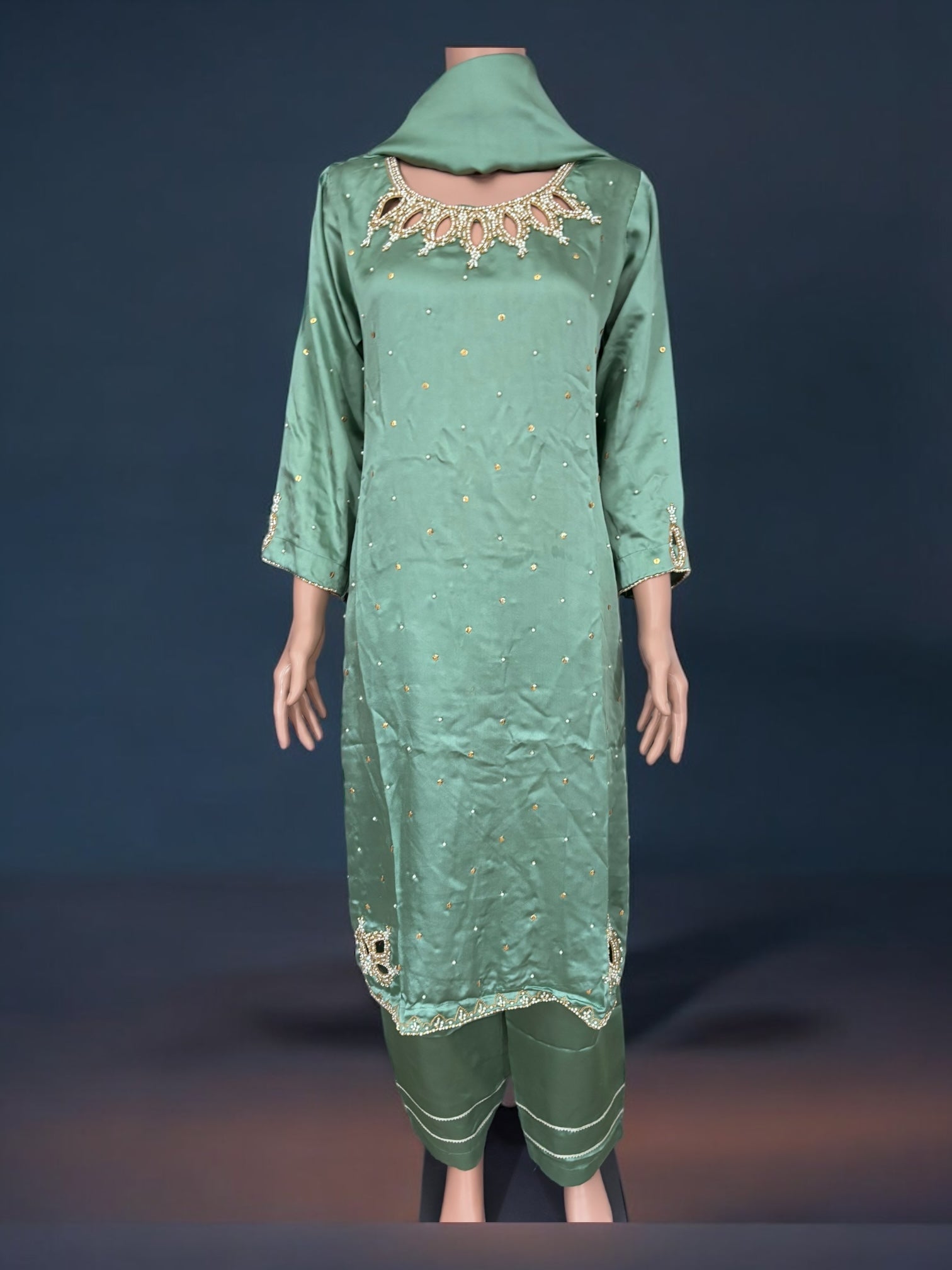 Mint color traditional designer Salwar Kameez suit by Saree Ghor Charlotte, featuring intricate embroidery and ethnic style for women.