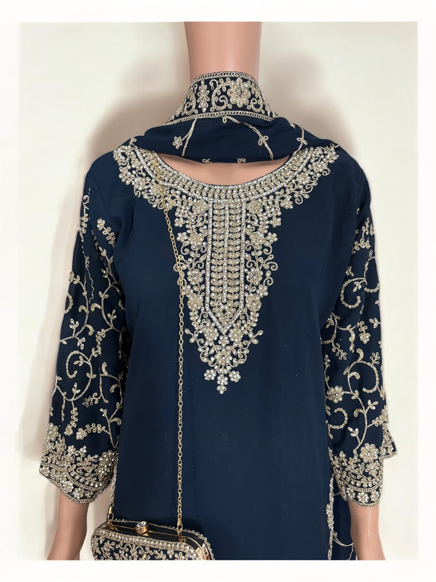 Navy blue traditional designer Salwar Kameez suit with matching handbag, ethnic wear for women by Saree Ghor Charlotte.