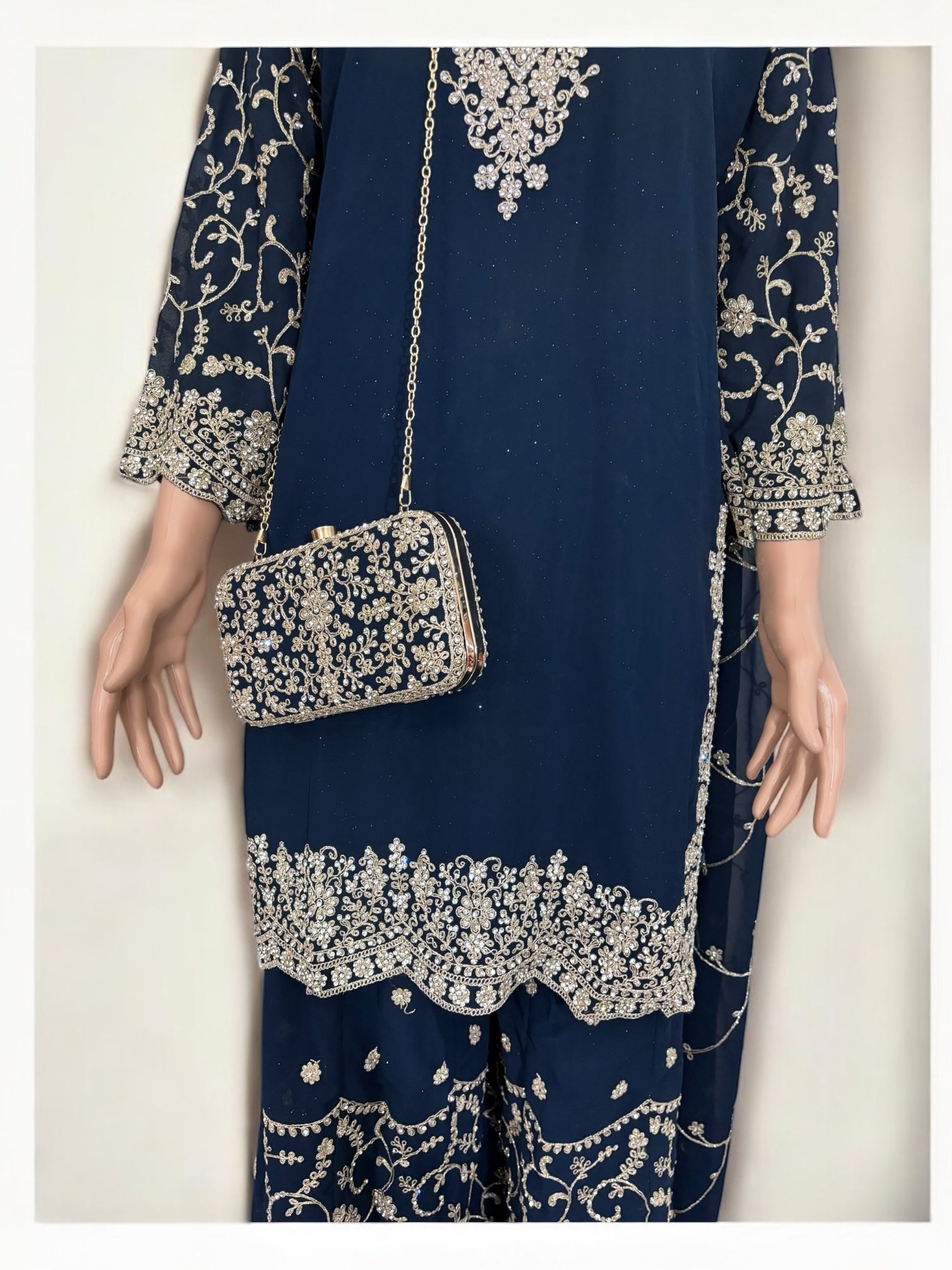 Navy blue traditional designer Salwar Kameez suit with matching handbag by Saree Ghor Charlotte, ethnic wear for women.