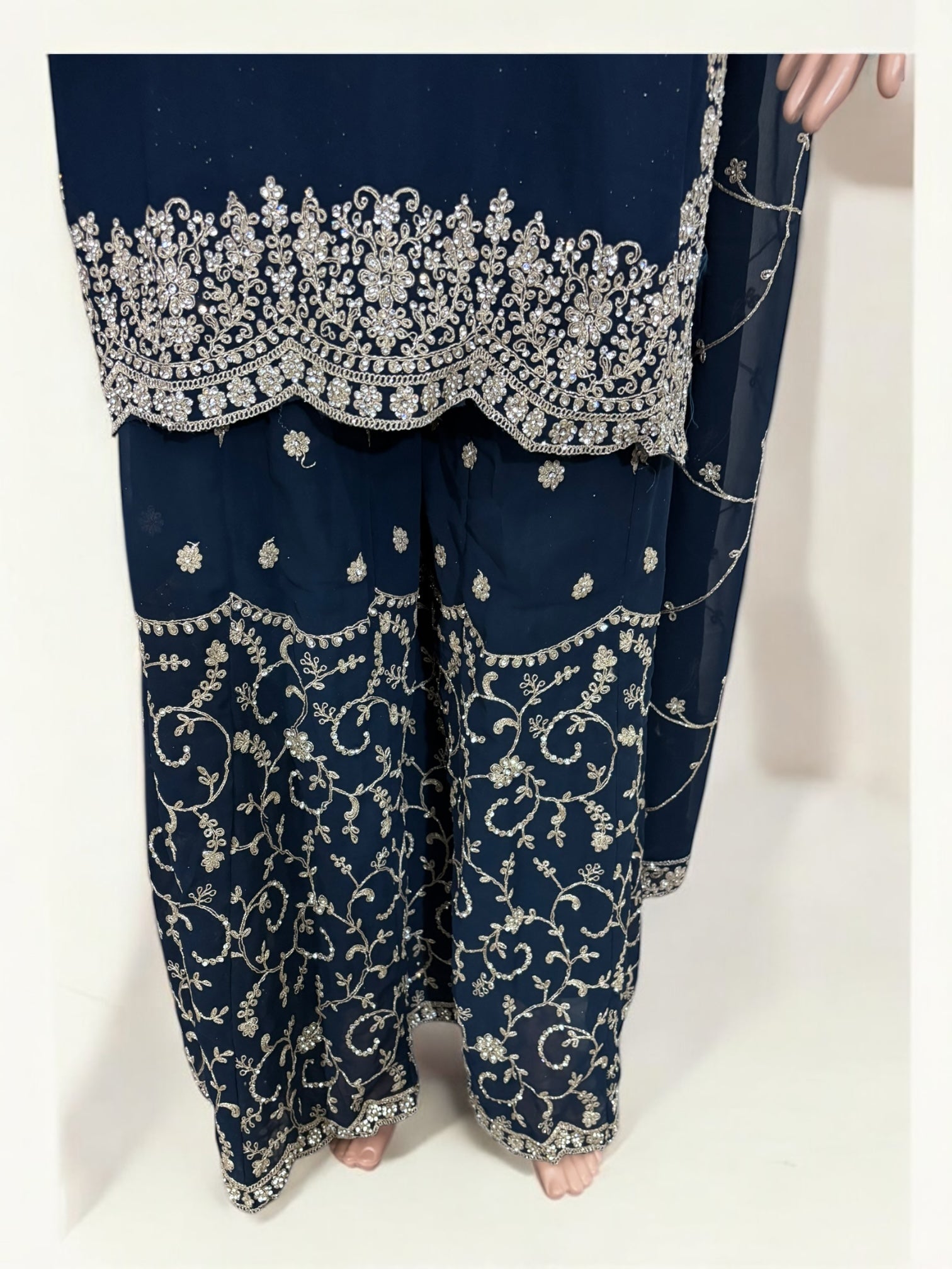 Navy blue traditional designer Salwar Kameez suit by Saree Ghor Charlotte with matching handbag, ethnic women's cultural wear.