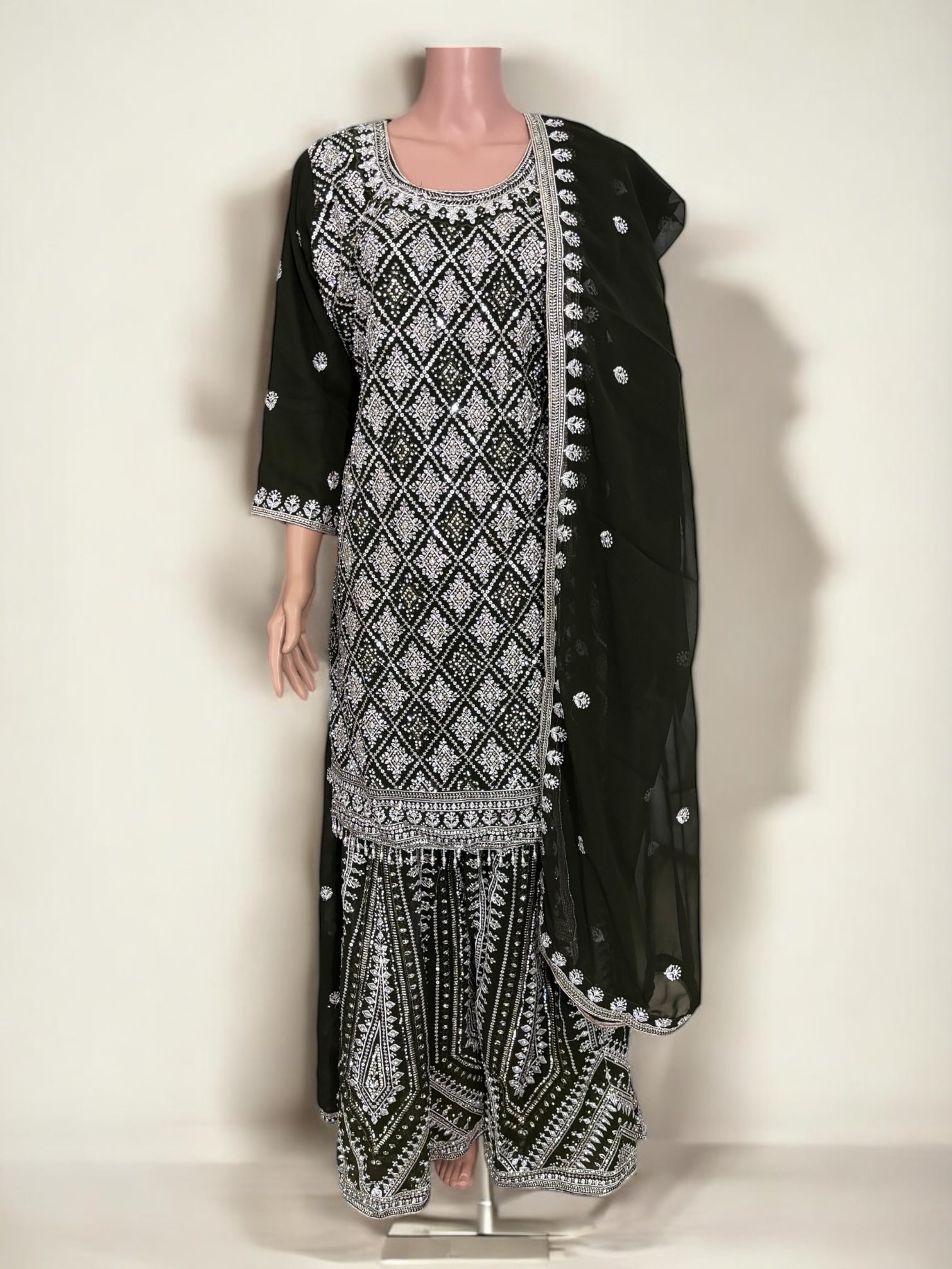 Olive green traditional designer Salwar Kameez suit for women by Saree Ghor Charlotte, showcasing intricate ethnic embroidery.