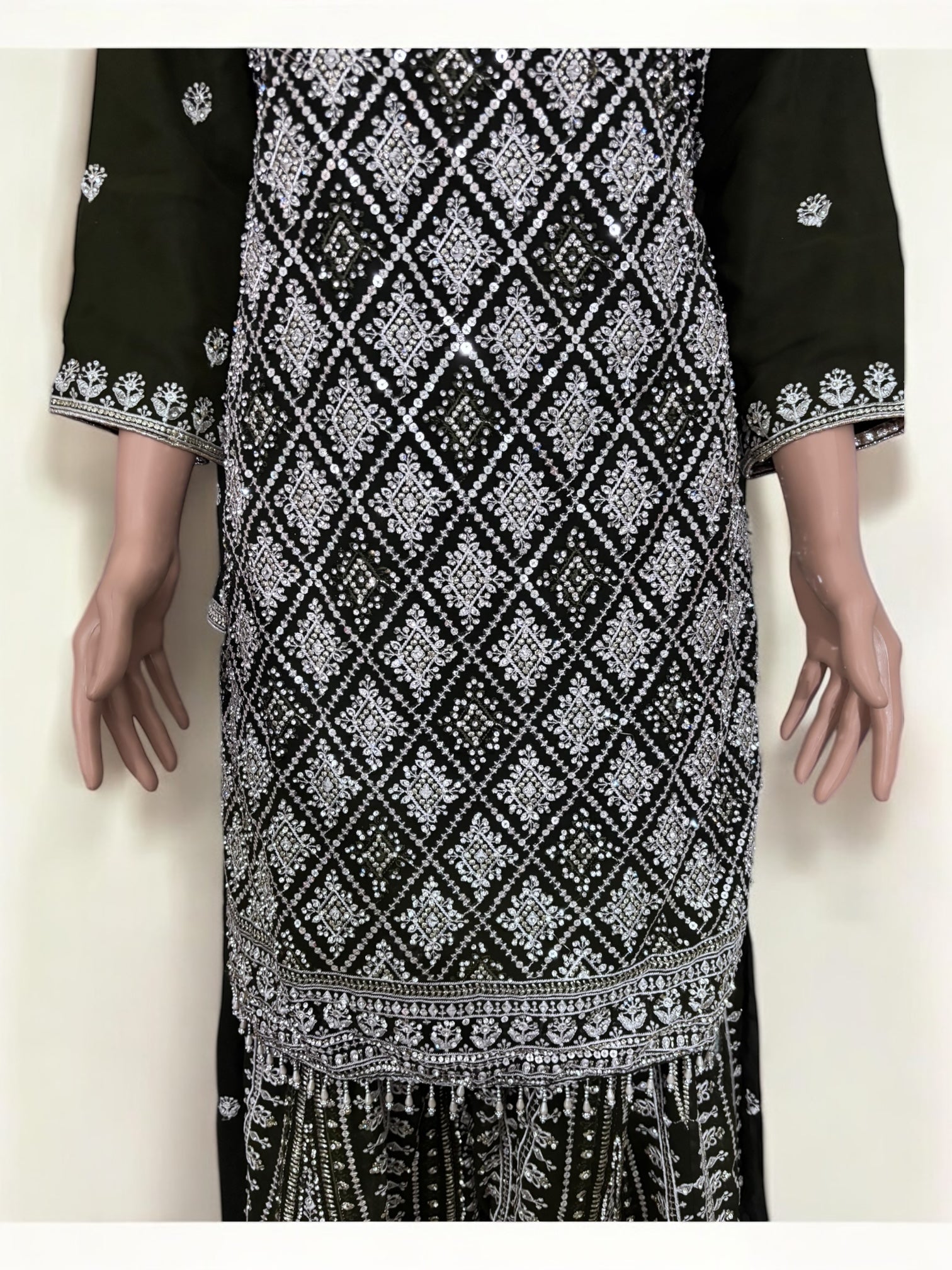 Olive green traditional designer Salwar Kameez suit by Saree Ghor Charlotte, ethnic wear for women with intricate embroidery.