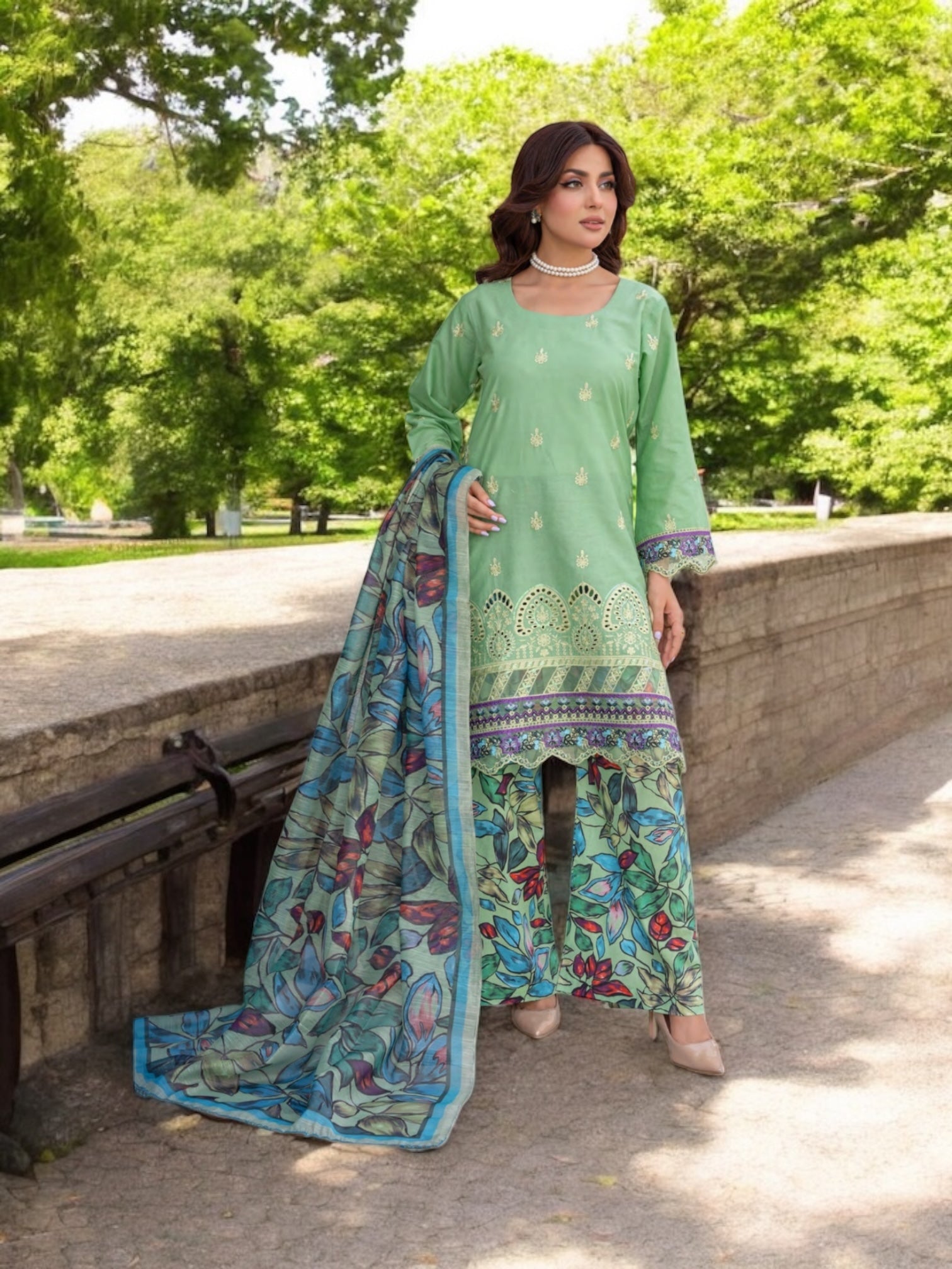 Pakistani Salwar Kameez suit by Saree Ghor Charlotte, traditional cultural wear for women, with vibrant fabric and intricate embroidery.