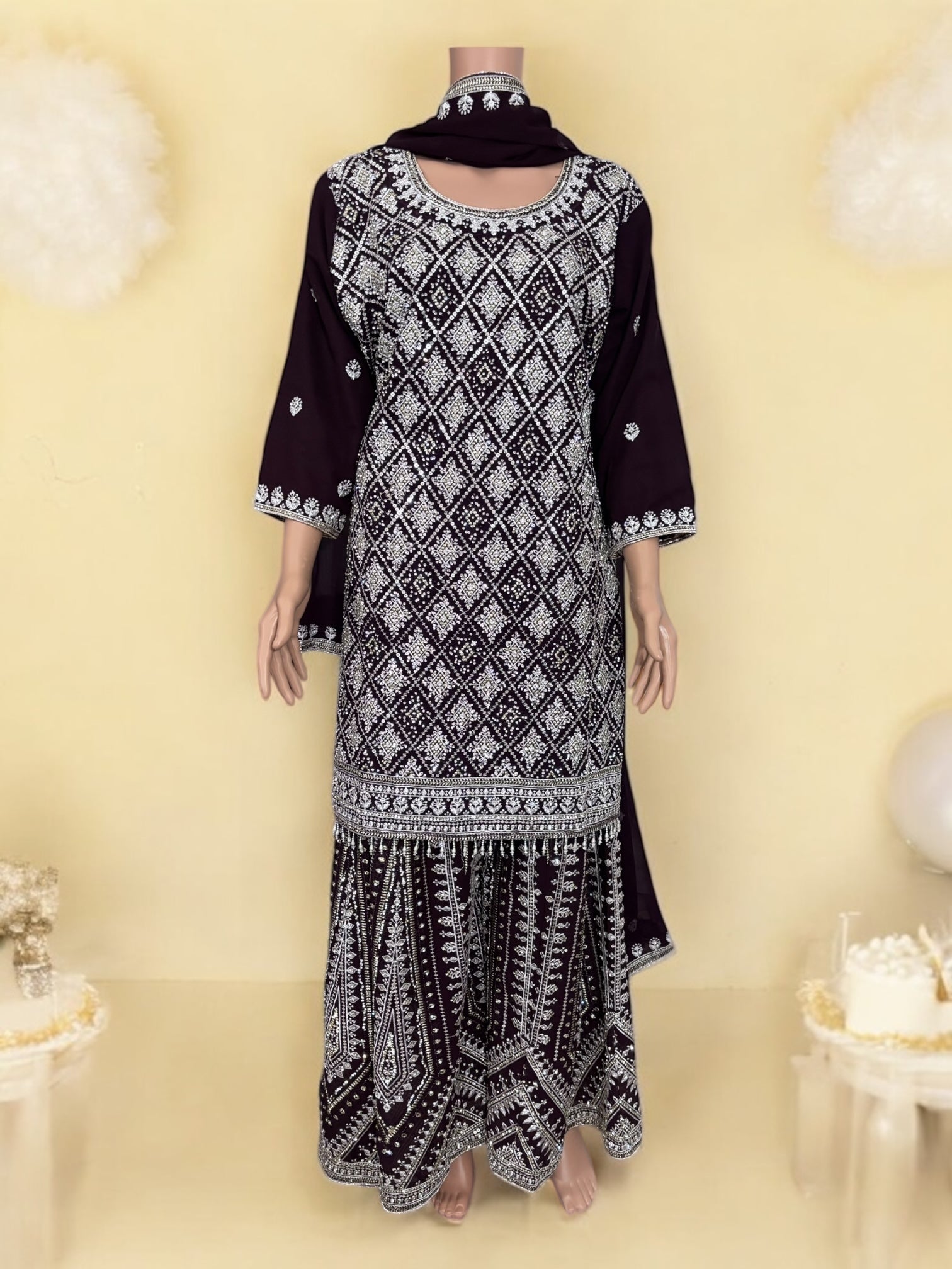 Purple traditional designer Salwar Kameez suit by Saree Ghor Charlotte, ethnic wear for women with intricate embroidery and matching dupatta.