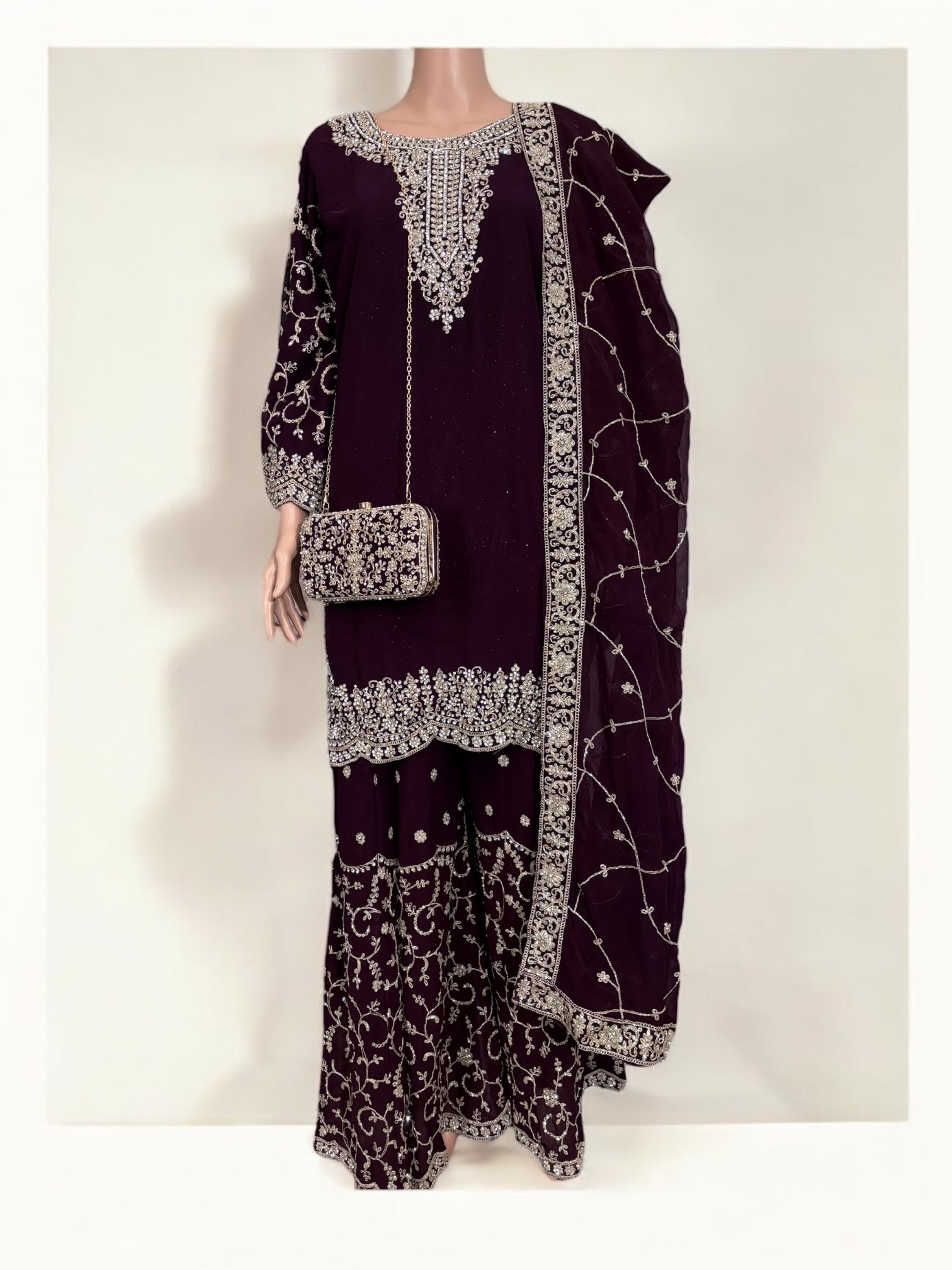 Purple traditional designer Salwar Kameez suit with matching handbag, ethnic wear for women by Saree Ghor Charlotte.