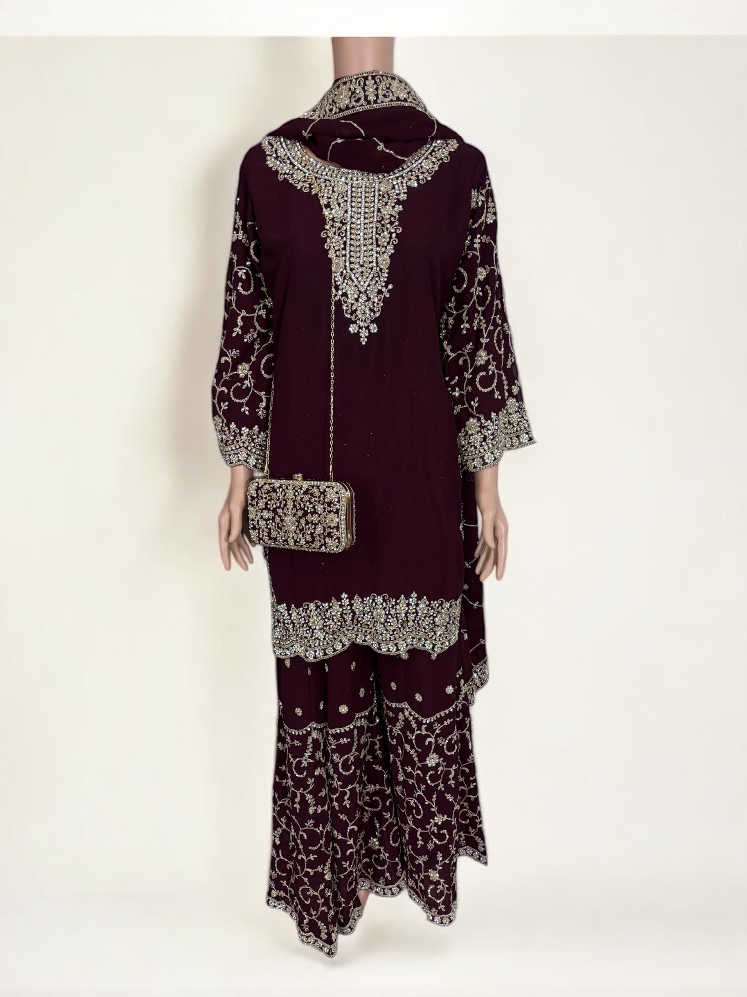 Purple traditional designer Salwar Kameez suit with matching handbag, ethnic wear for women by Saree Ghor Charlotte.