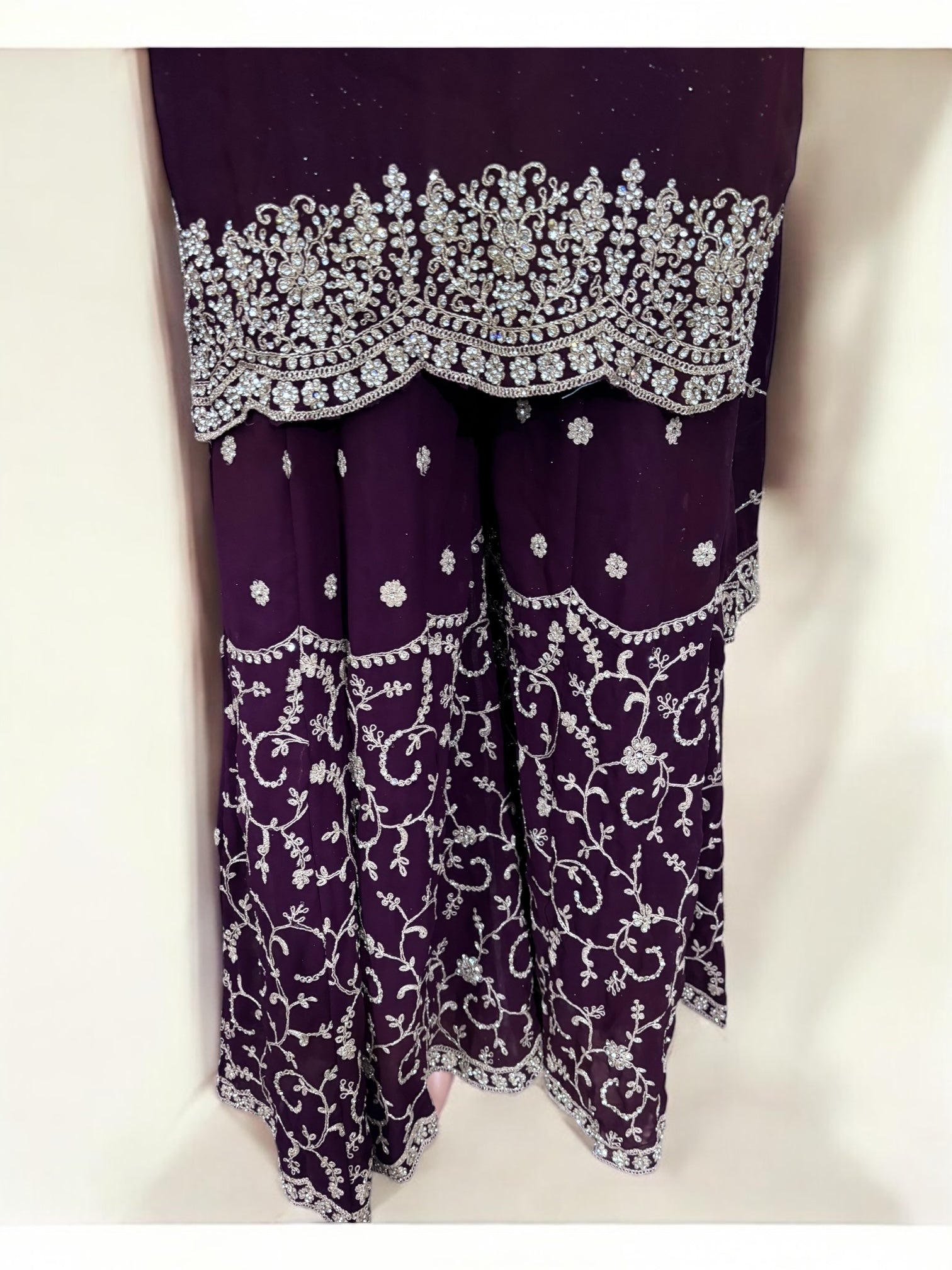 Purple traditional designer Salwar Kameez suit with matching handbag, ethnic wear for women by Saree Ghor Charlotte.