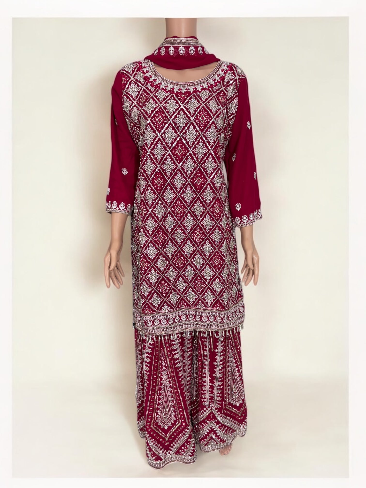 Rani Pink traditional designer Salwar Kameez suit by Saree Ghor Charlotte with intricate embroidery, worn as cultural ethnic wear for women.