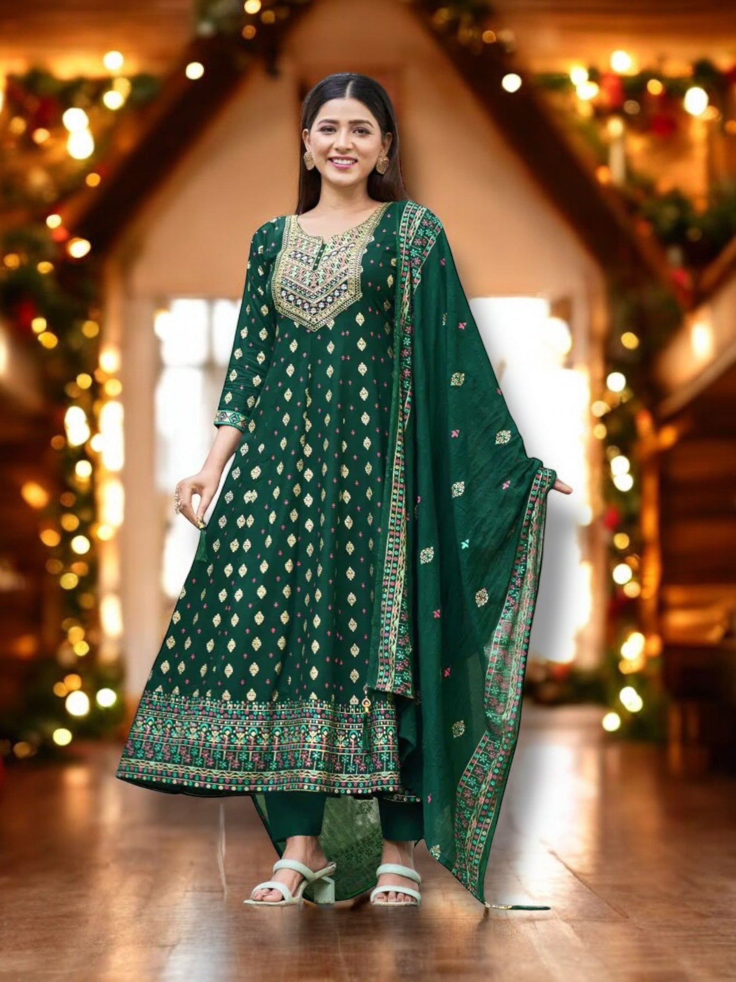 Rayon salwar kameez with matching pants and dupatta, traditional ethnic wear for women by Saree Ghor Charlotte.
