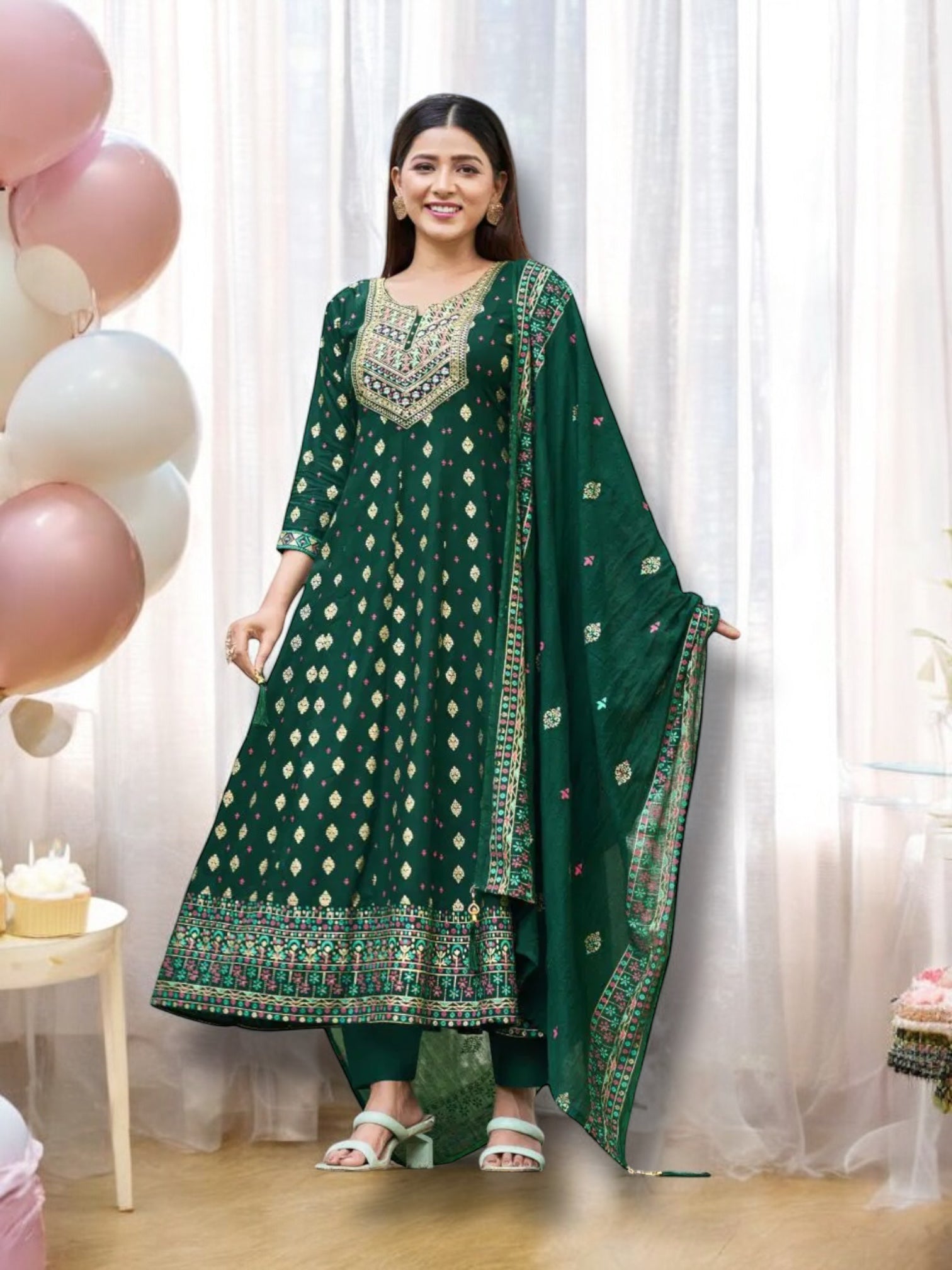 Rayon salwar kameez set with matching pants and dupatta, ethnic women's wear by Saree Ghor Charlotte, showcasing vibrant traditional attire.