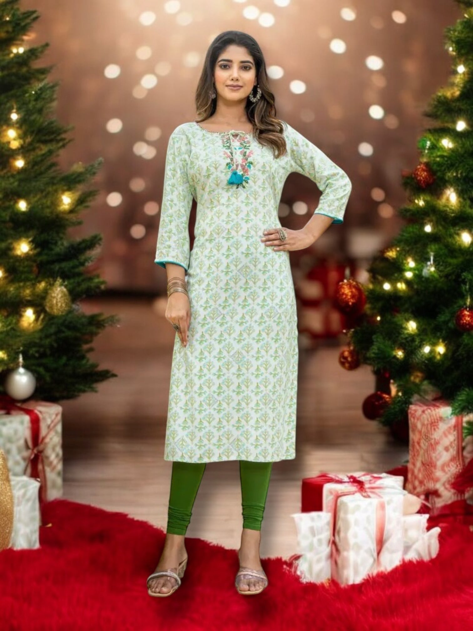 Rayon printed designer kurti from Saree Ghor Charlotte, soft fabric ethnic wear for women, part of salwar kameez ensemble.
