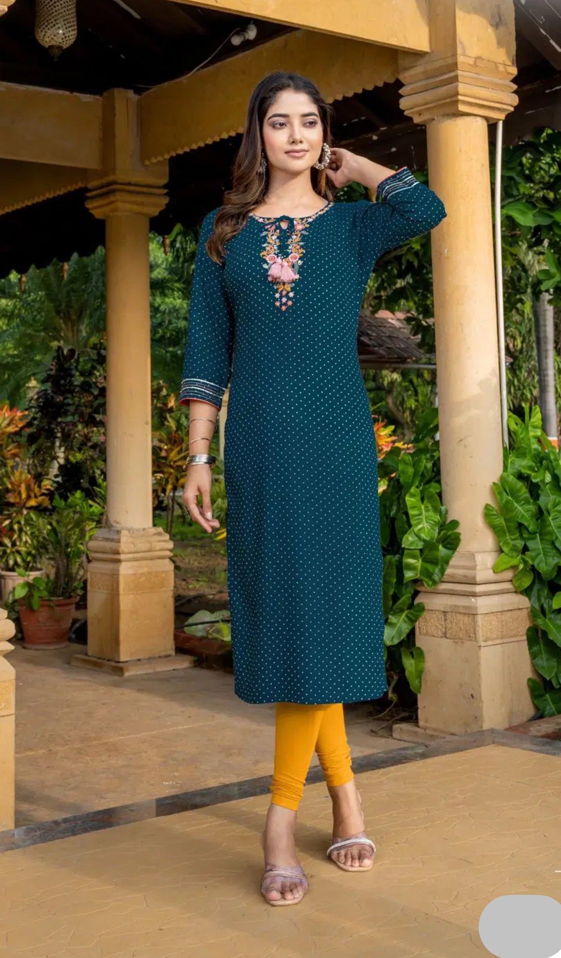 Rayon printed designer Kurti by Saree Ghor Charlotte, soft fabric ethnic wear for women, paired with salwar kameez style.