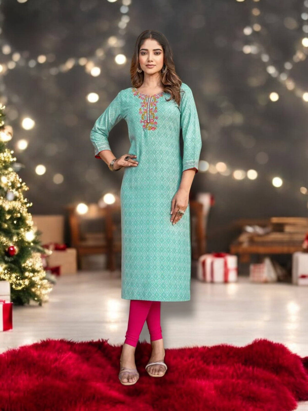 Rayon printed designer Kurti from Saree Ghor Charlotte, soft fabric ethnic wear for women, paired with matching salwar kameez.