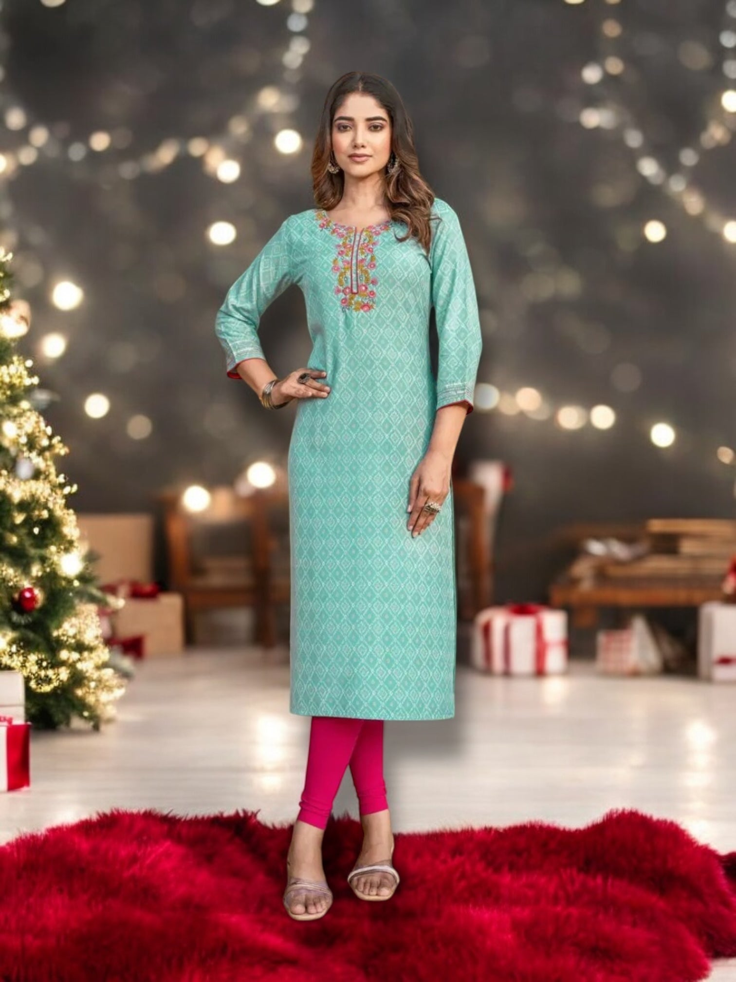 Rayon printed designer kurti from Saree Ghor Charlotte, soft fabric ethnic wear for women, styled with traditional salwar kameez.
