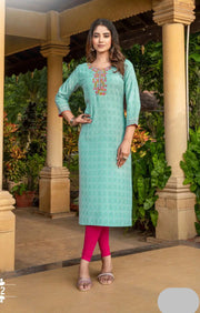 Rayon printed designer kurti for women, soft fabric ethnic wear from Saree Ghor Charlotte, styled as salwar kameez.