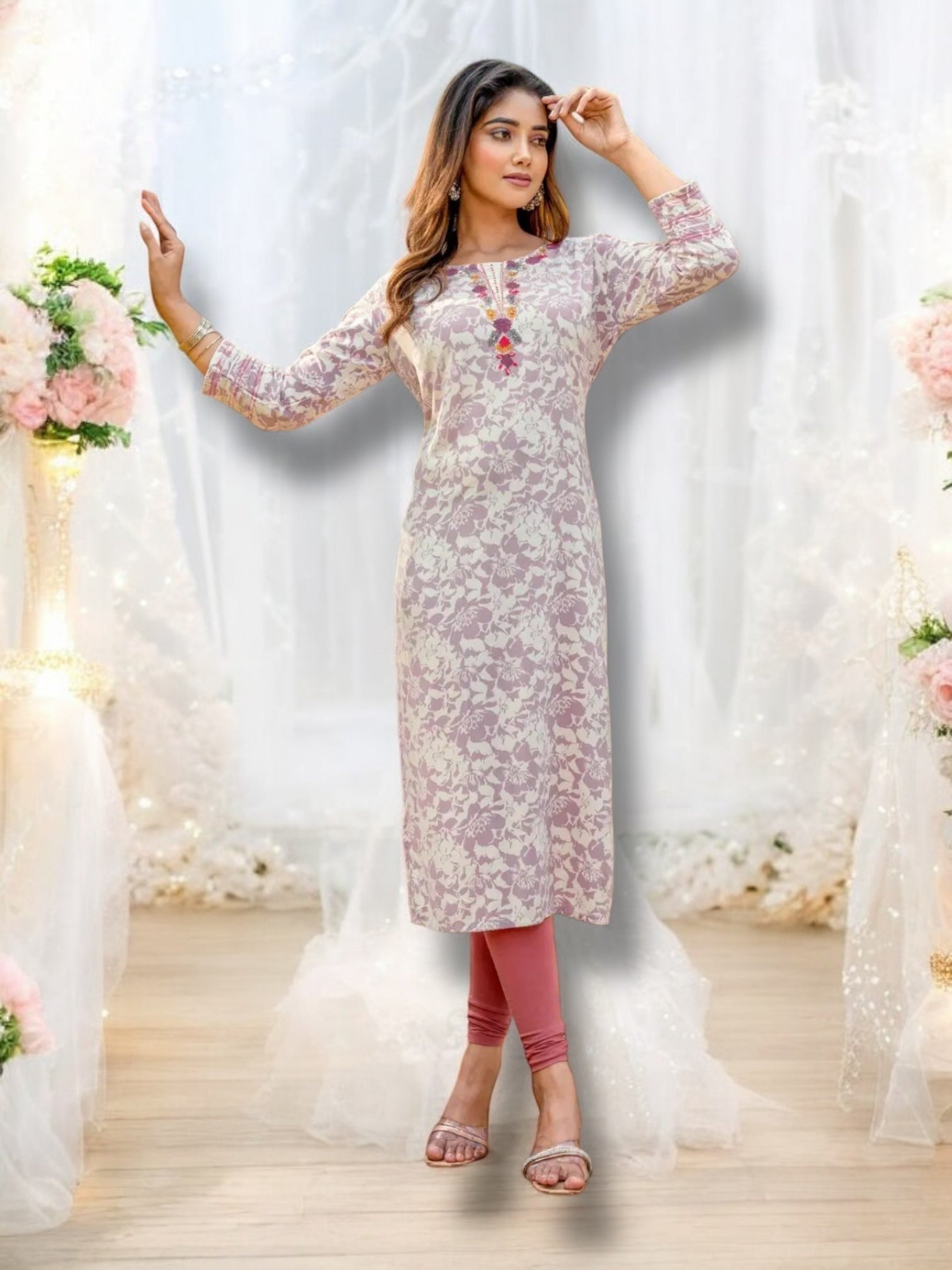 Rayon printed designer kurti from Saree Ghor Charlotte, soft fabric ethnic wear for women, part of salwar kameez ensemble.