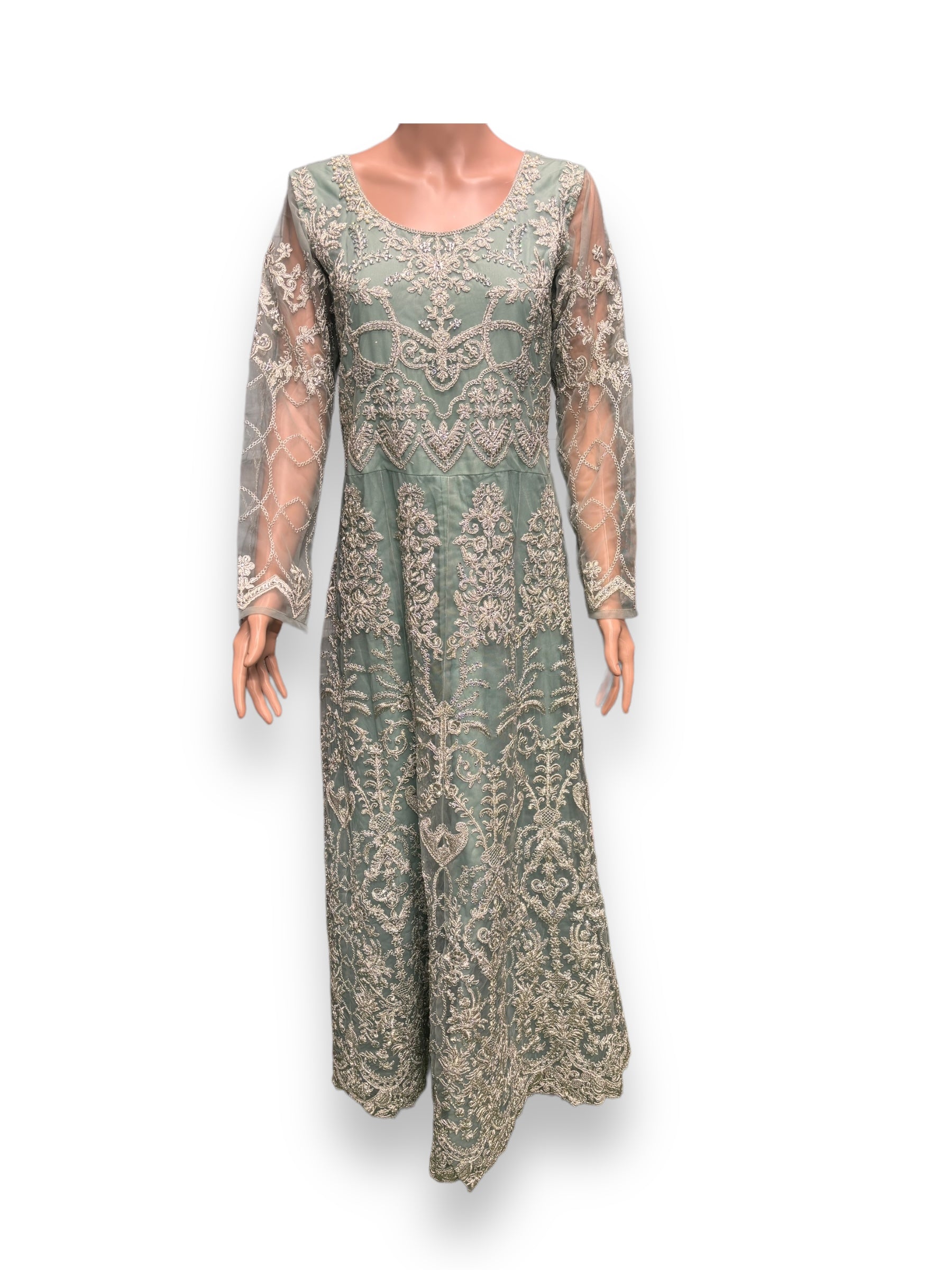 Sea green bridal Anarkali gown by Saree Ghor Charlotte, elegant ethnic Salwar Kameez for women with intricate detailing.