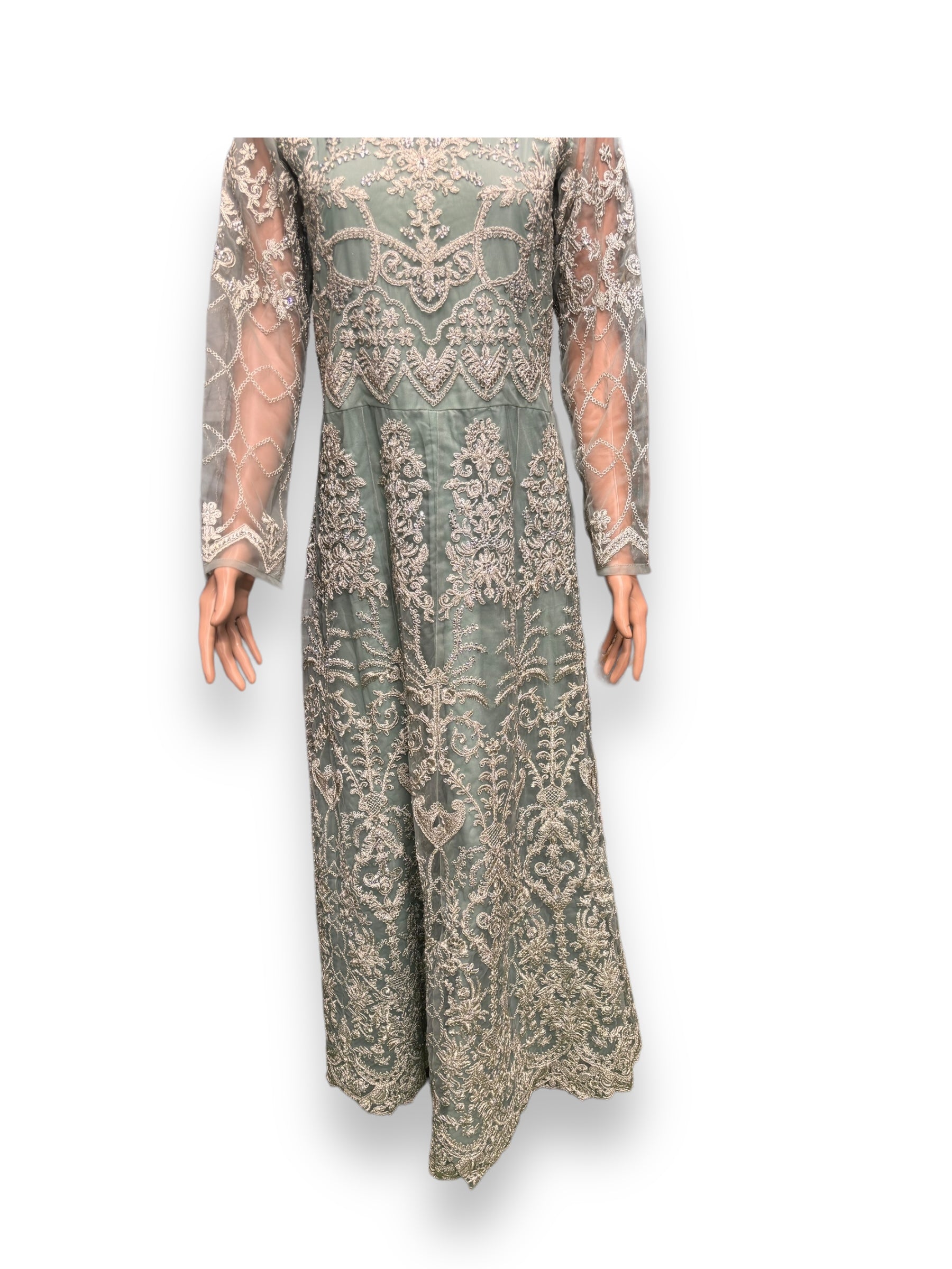 Sea green bridal Anarkali gown for women, Saree Ghor Charlotte ethnic salwar kameez with intricate embroidery and flowing fabric.