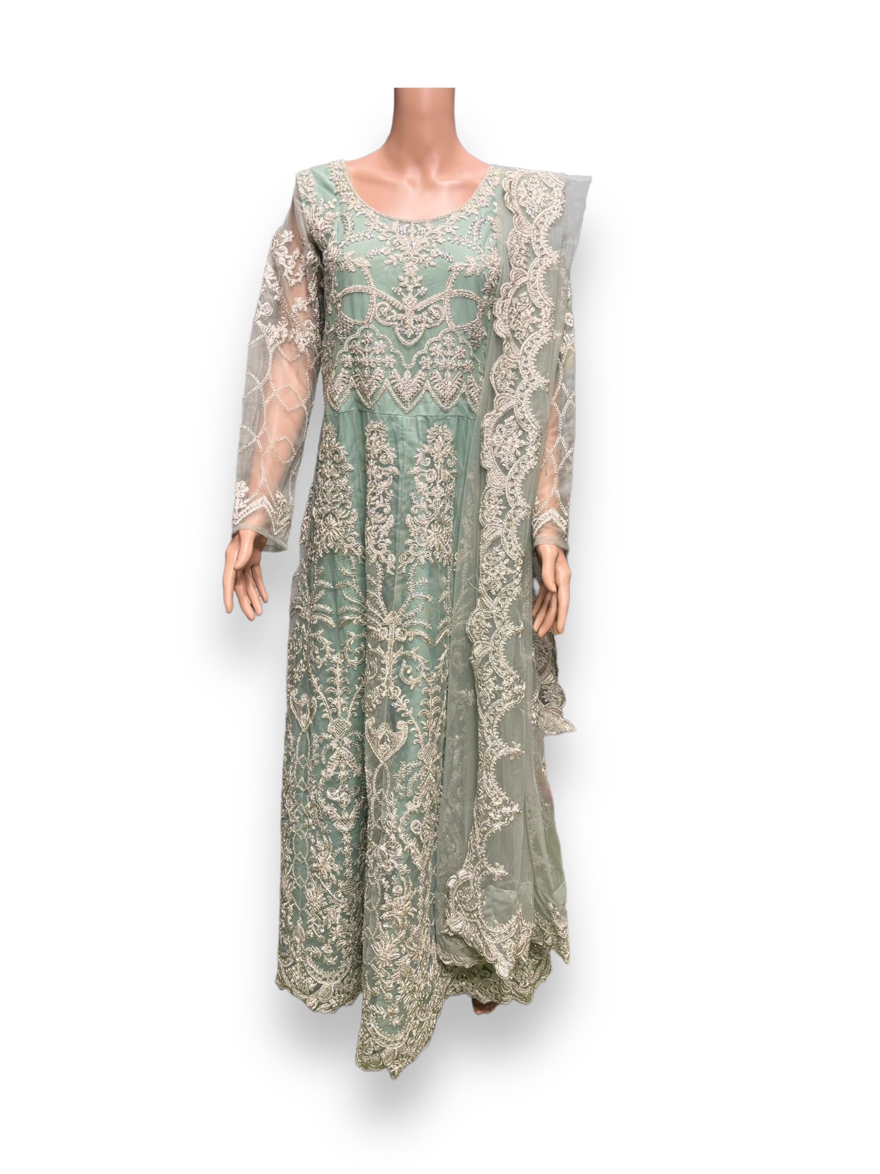 Sea green bridal Anarkali gown by Saree Ghor Charlotte, elegant ethnic Salwar Kameez for women with intricate detailing.