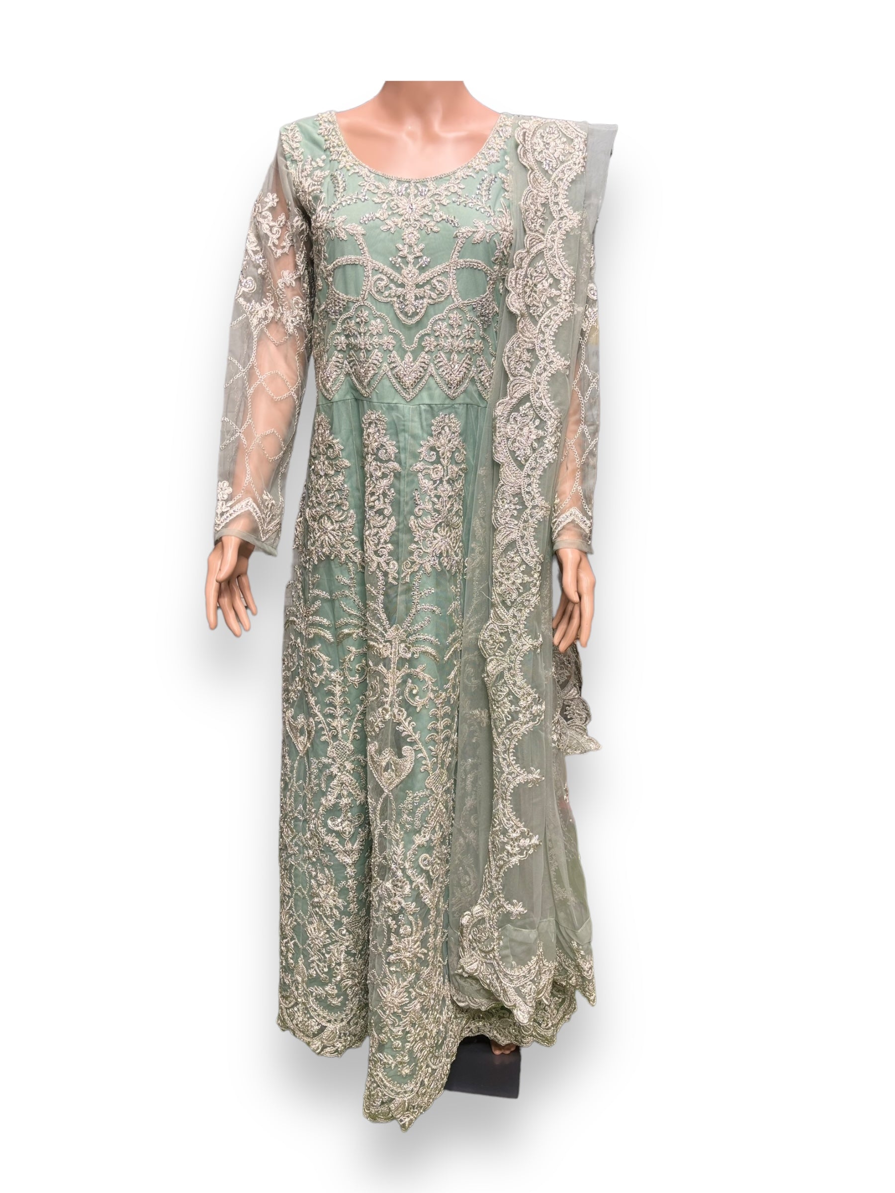 Sea green bridal Anarkali gown by Saree Ghor Charlotte, elegant ethnic salwar kameez for women showcasing intricate embroidery.