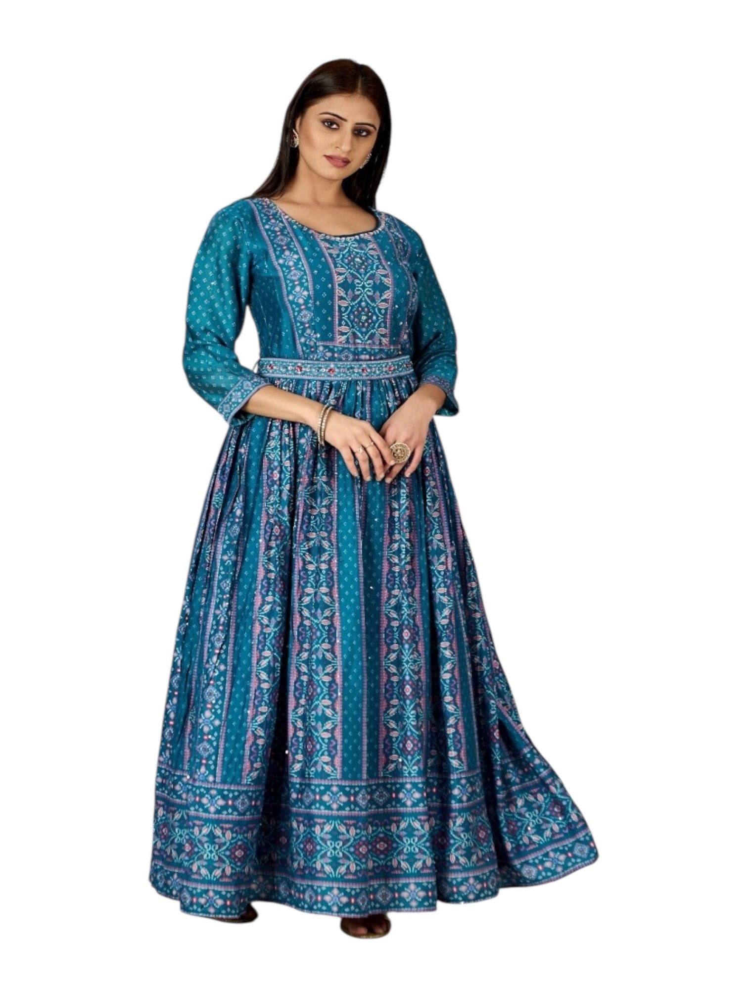 Teal blue traditional designer Salwar Kameez gown for women by Saree Ghor Charlotte, featuring intricate ethnic embroidery and elegant style.