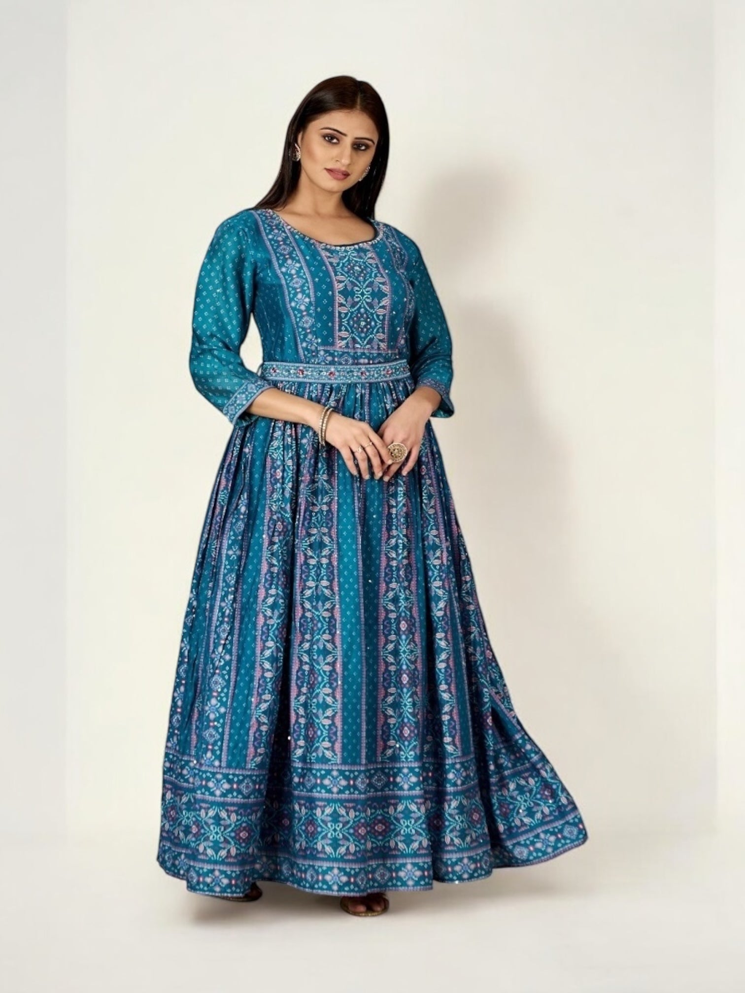 Teal blue traditional designer salwar kameez for women, elegant cultural wear by Saree Ghor Charlotte with intricate embroidery.