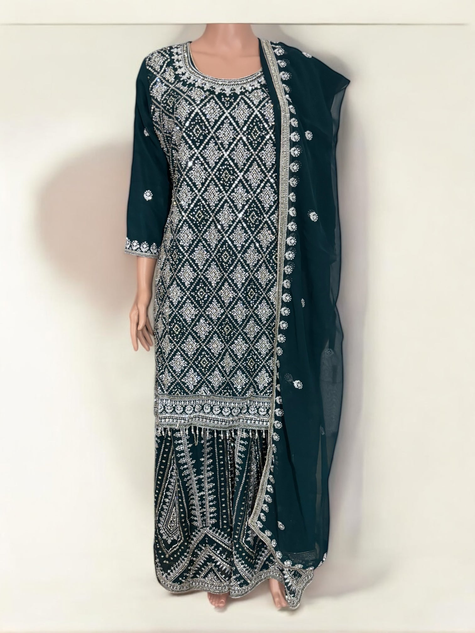 Teal green traditional designer Salwar Kameez suit by Saree Ghor Charlotte, ethnic wear for women with intricate embroidery.